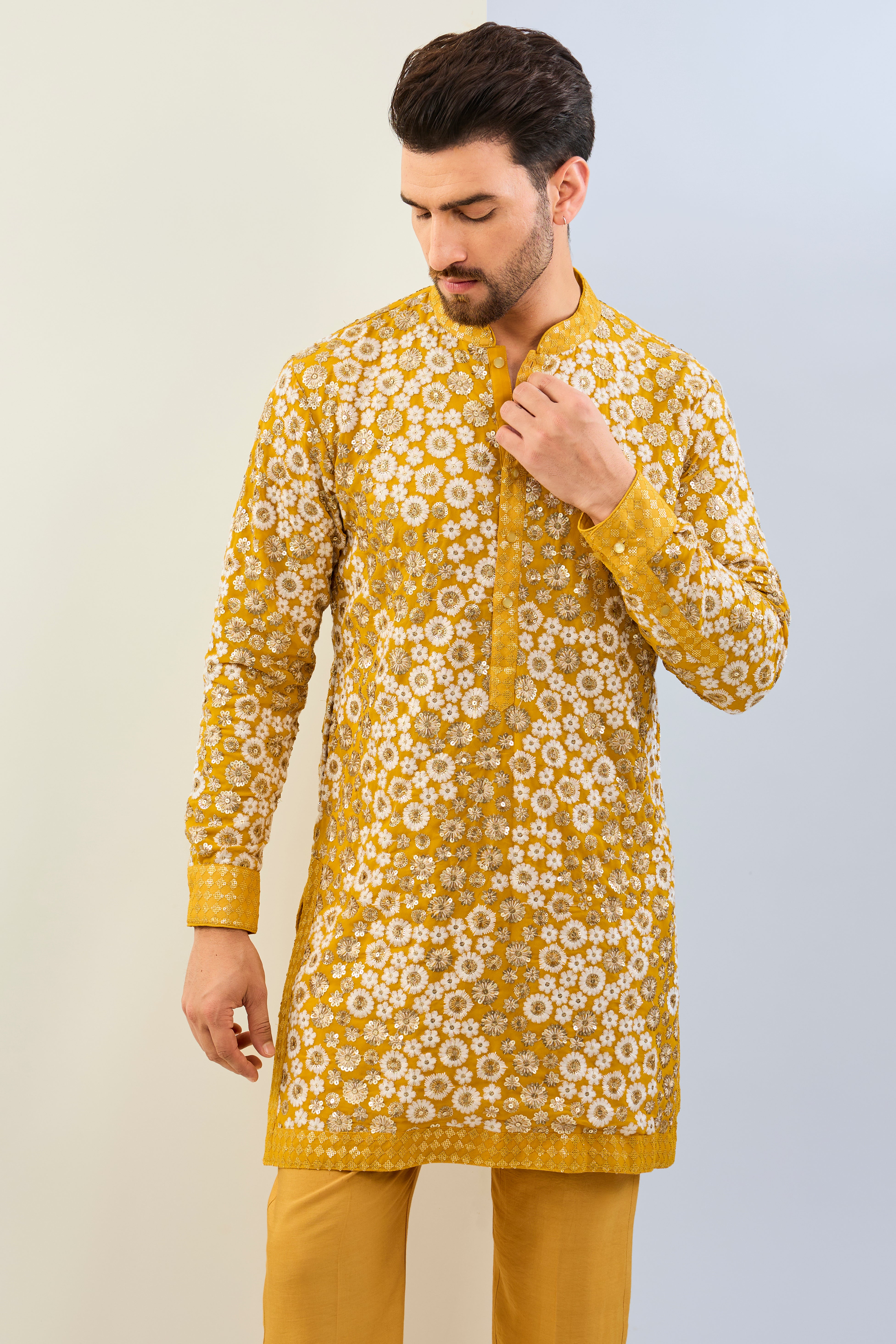 HALDI YELLOW GORGETTE WITH THREAD SEQUIN WORK LINED KURTA WITH SEQUIN CUFF, COLLAR, PLACKET AND MATCHING COTTON SILK PANT