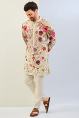 OFFWHITE GORGETTE LINED FULLY EMBOIDERED MULTI COLOR THREAD SEQUIN EMBOIDERED KURTA AND MATCHING COTTON SILK PANT