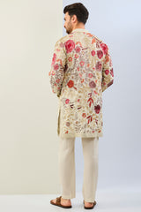 OFFWHITE GORGETTE LINED FULLY EMBOIDERED MULTI COLOR THREAD SEQUIN EMBOIDERED KURTA AND MATCHING COTTON SILK PANT