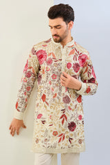 OFFWHITE GORGETTE LINED FULLY EMBOIDERED MULTI COLOR THREAD SEQUIN EMBOIDERED KURTA AND MATCHING COTTON SILK PANT