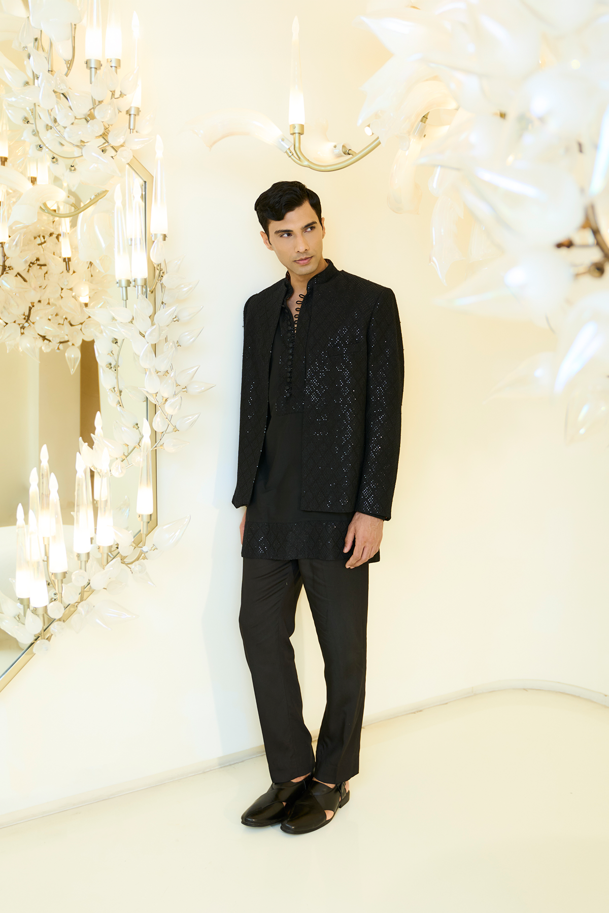 Black Silk Thread & Sequin Jacket Kurta Set