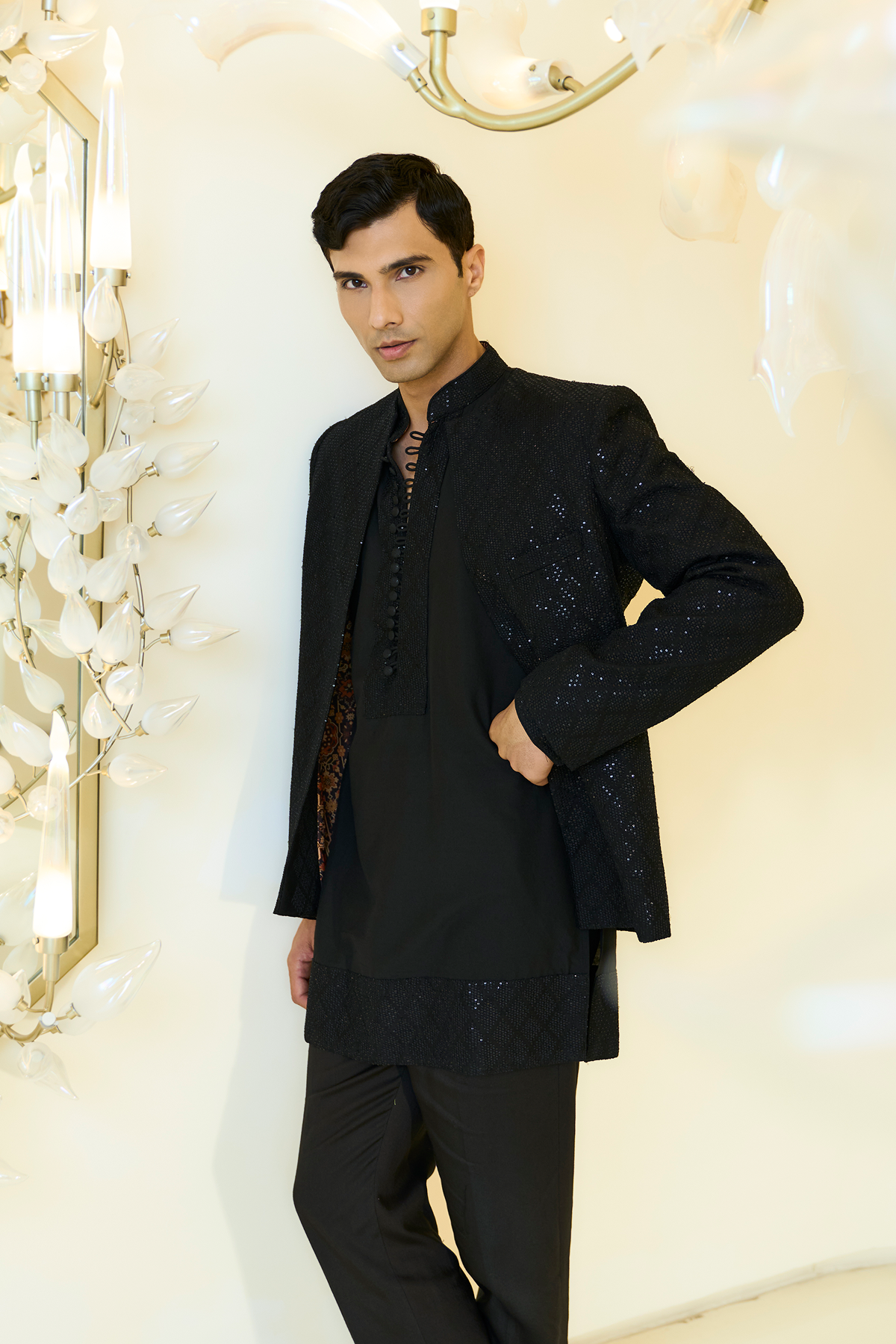 Black Silk Thread & Sequin Jacket Kurta Set