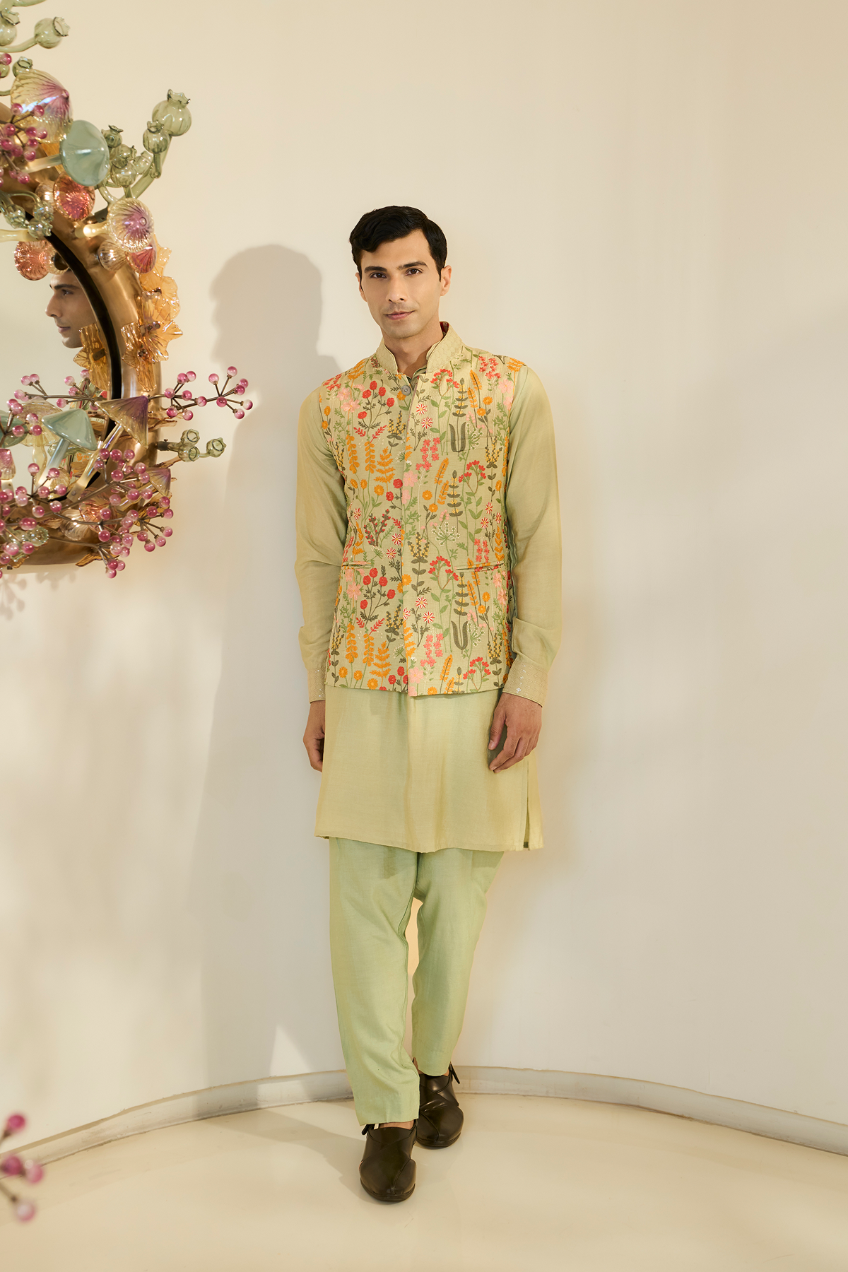 Pista Green Raw Silk Floral Bundi Kurta Set