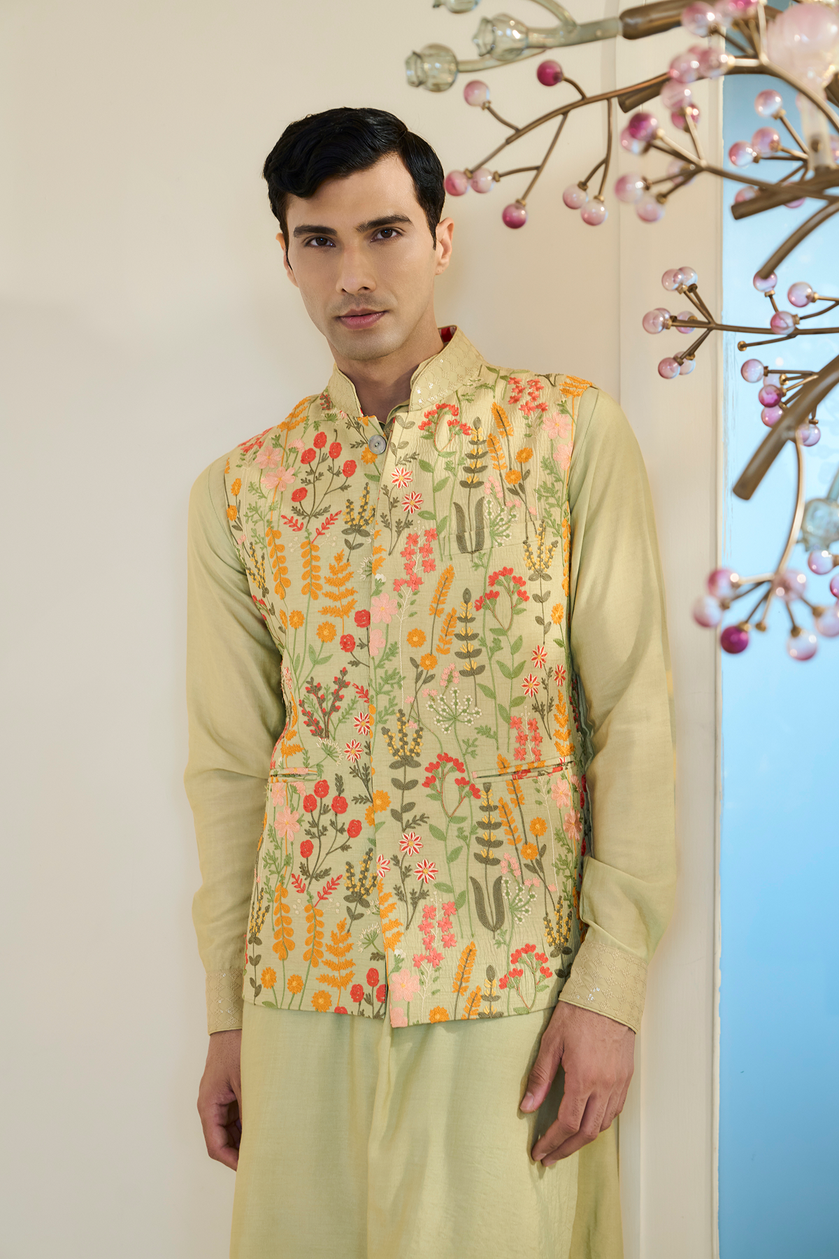 Pista Green Raw Silk Floral Bundi Kurta Set