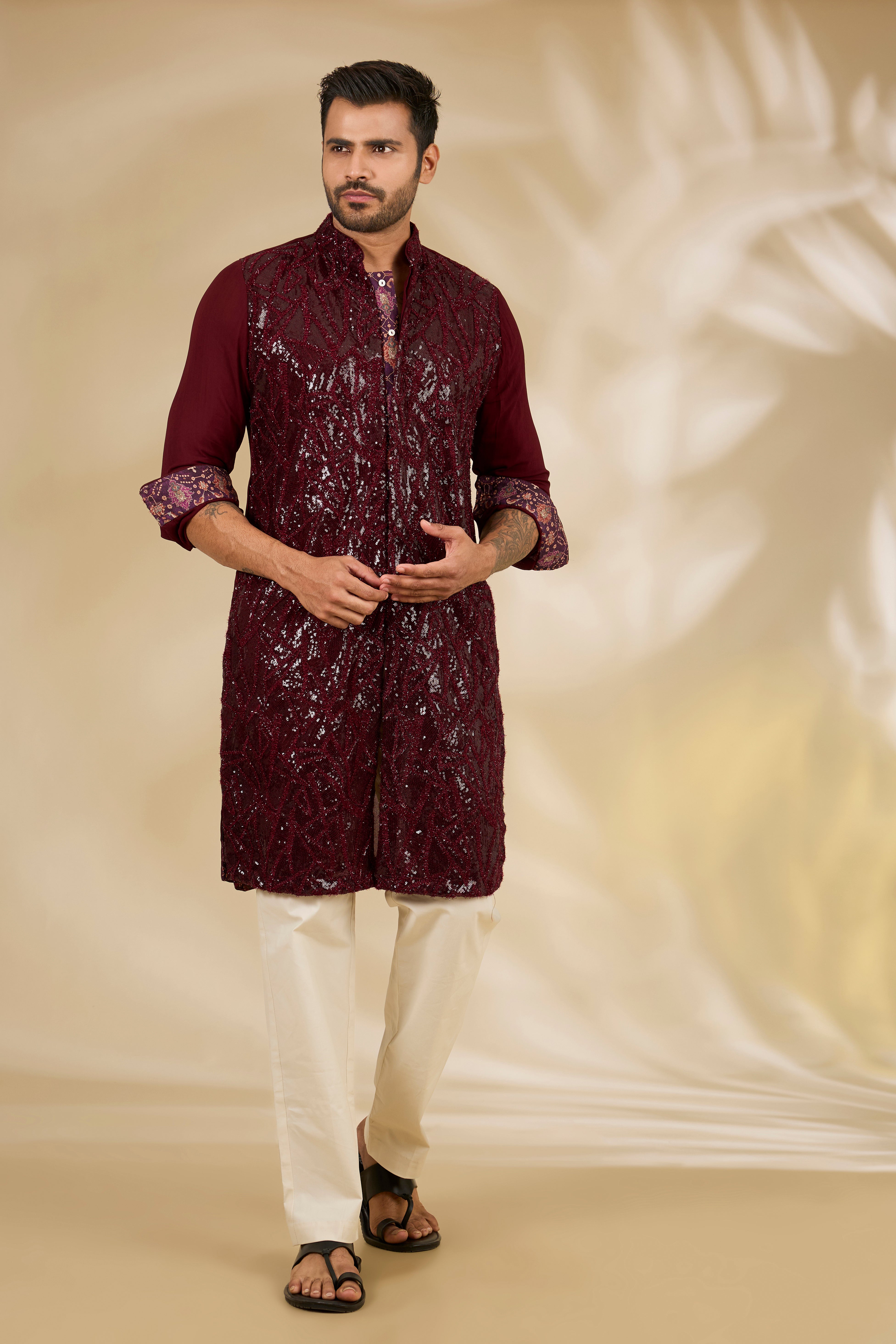 Oxblood Net Sequin Kurta Set