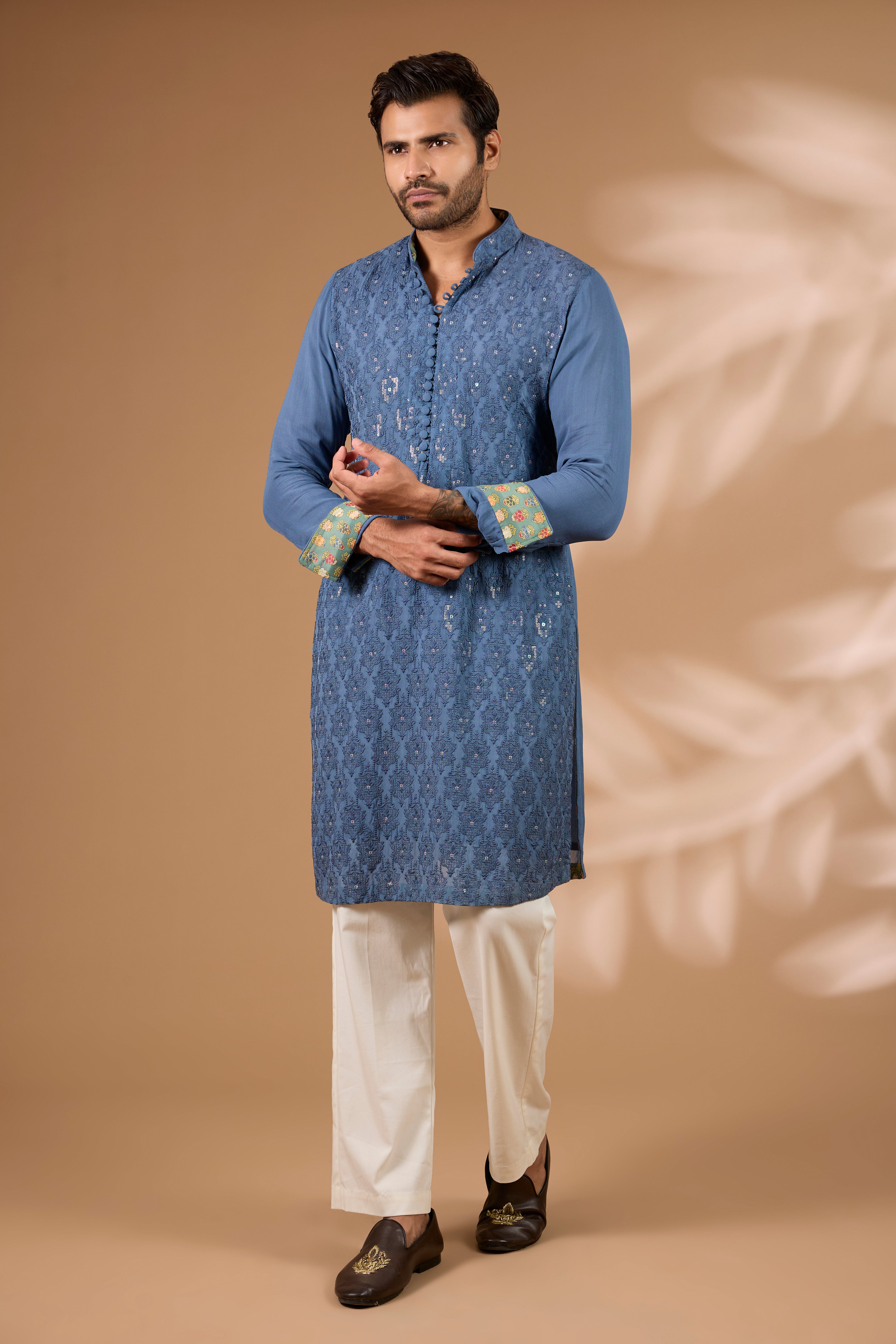 Teal Georgette Kurta – Sequin & Thread, Off-White Pant