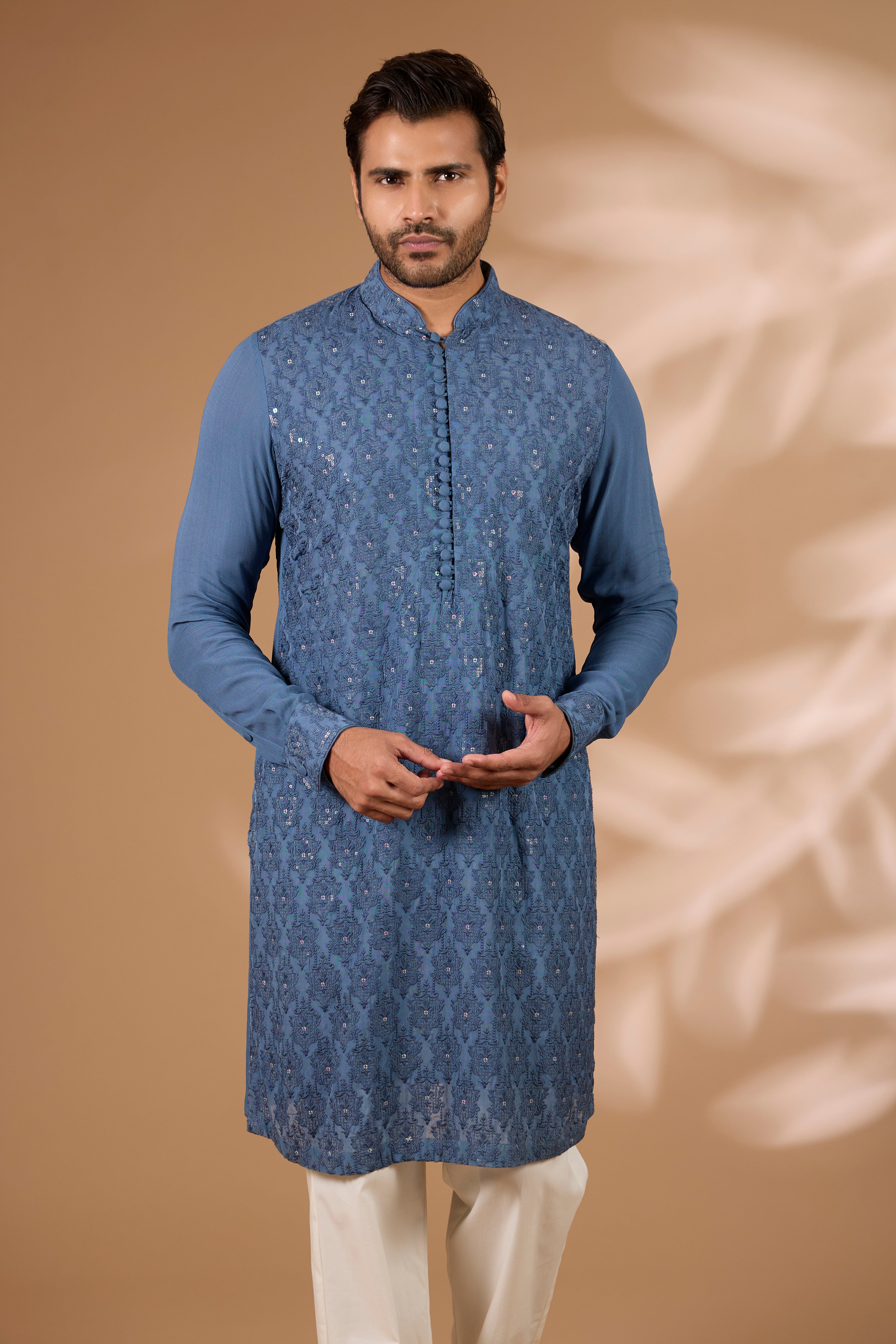 Teal Georgette Kurta – Sequin & Thread, Off-White Pant