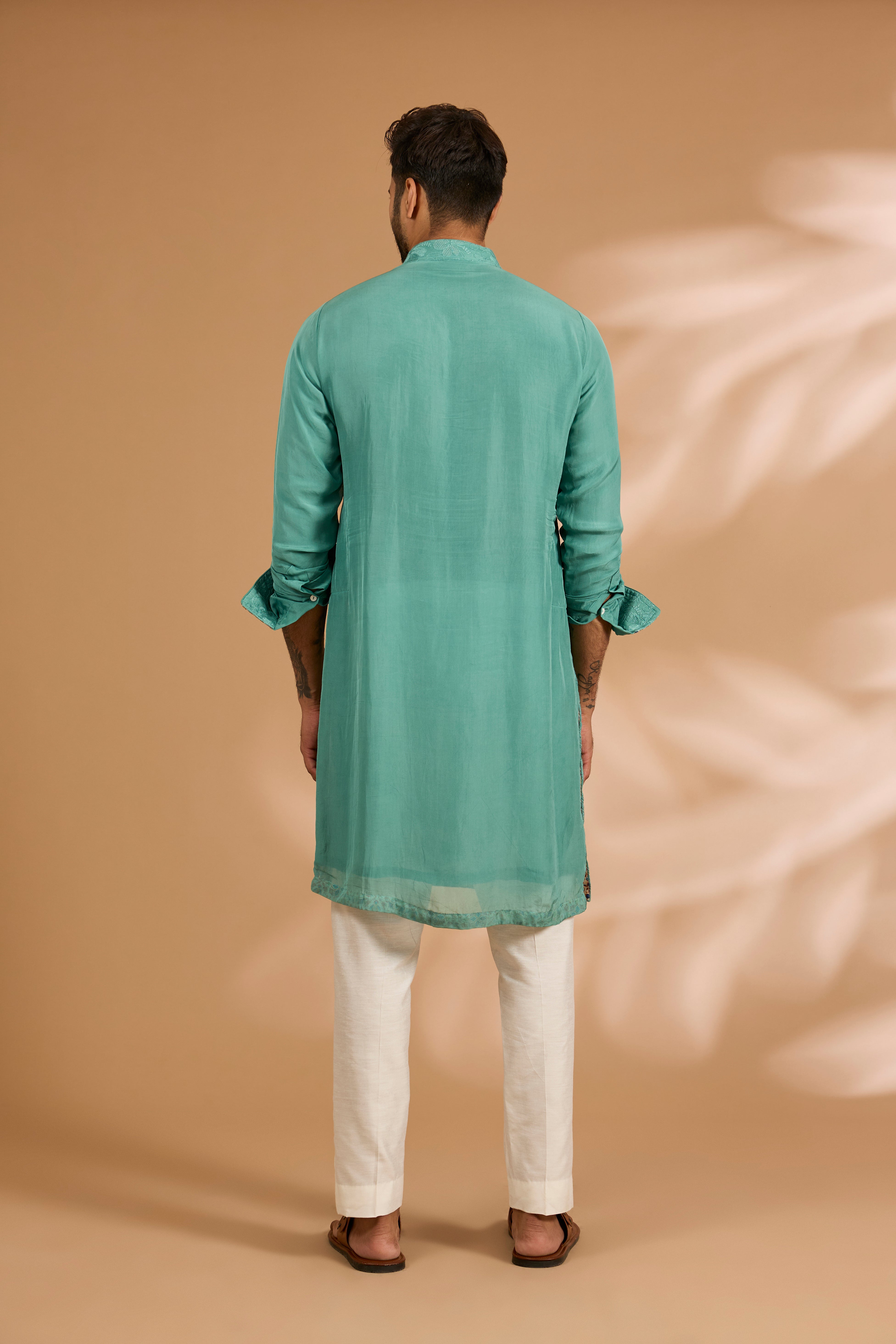 Aqua Green Organza Sequin & Thread Embroidered Kurta Set