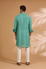 Aqua Green Organza Sequin & Thread Embroidered Kurta Set