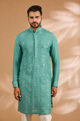 Aqua Green Organza Sequin & Thread Embroidered Kurta Set