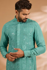 Aqua Green Organza Sequin & Thread Embroidered Kurta Set