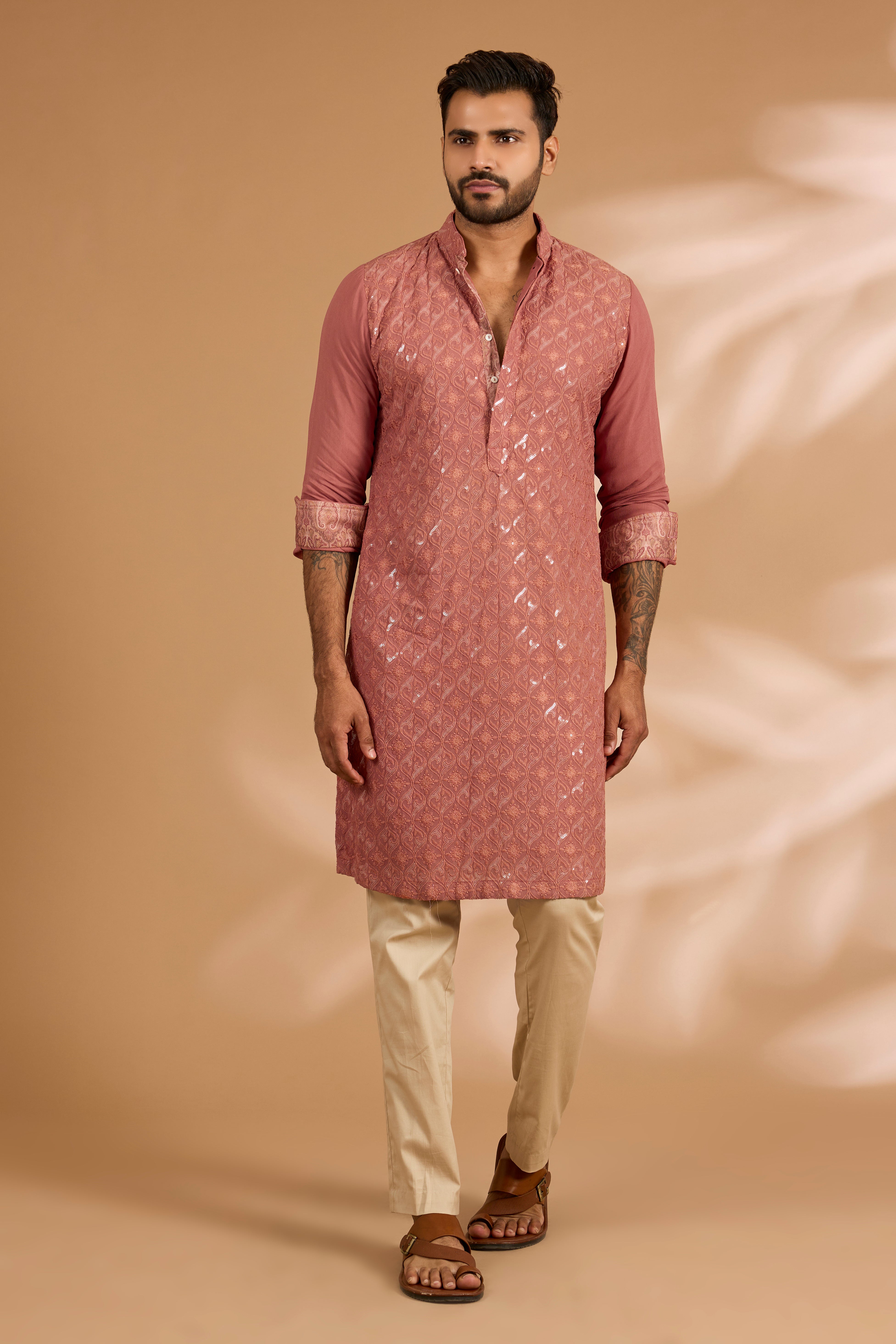 Burnt Orange Georgette Sequin & Thread Jaal Embroidered Kurta Set