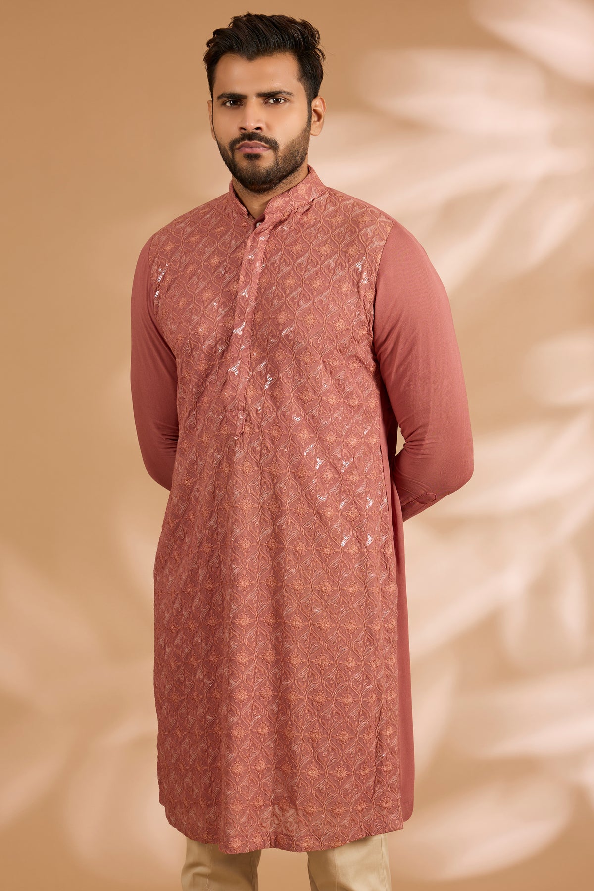 Burnt Orange Georgette Sequin & Thread Jaal Embroidered Kurta Set