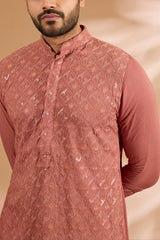 Burnt Orange Georgette Sequin & Thread Jaal Embroidered Kurta Set