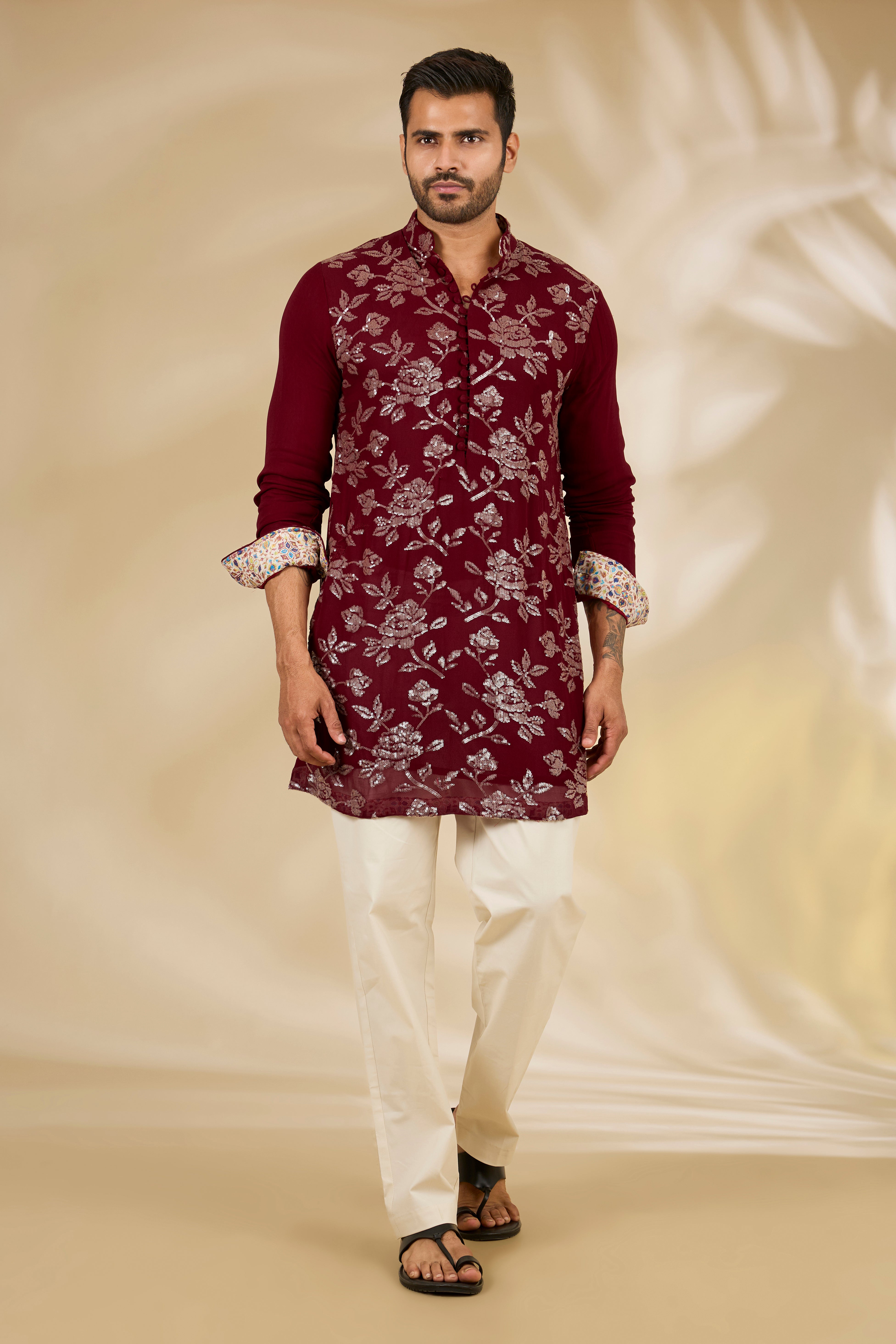 Maroon Sequin Flower Kurta Set