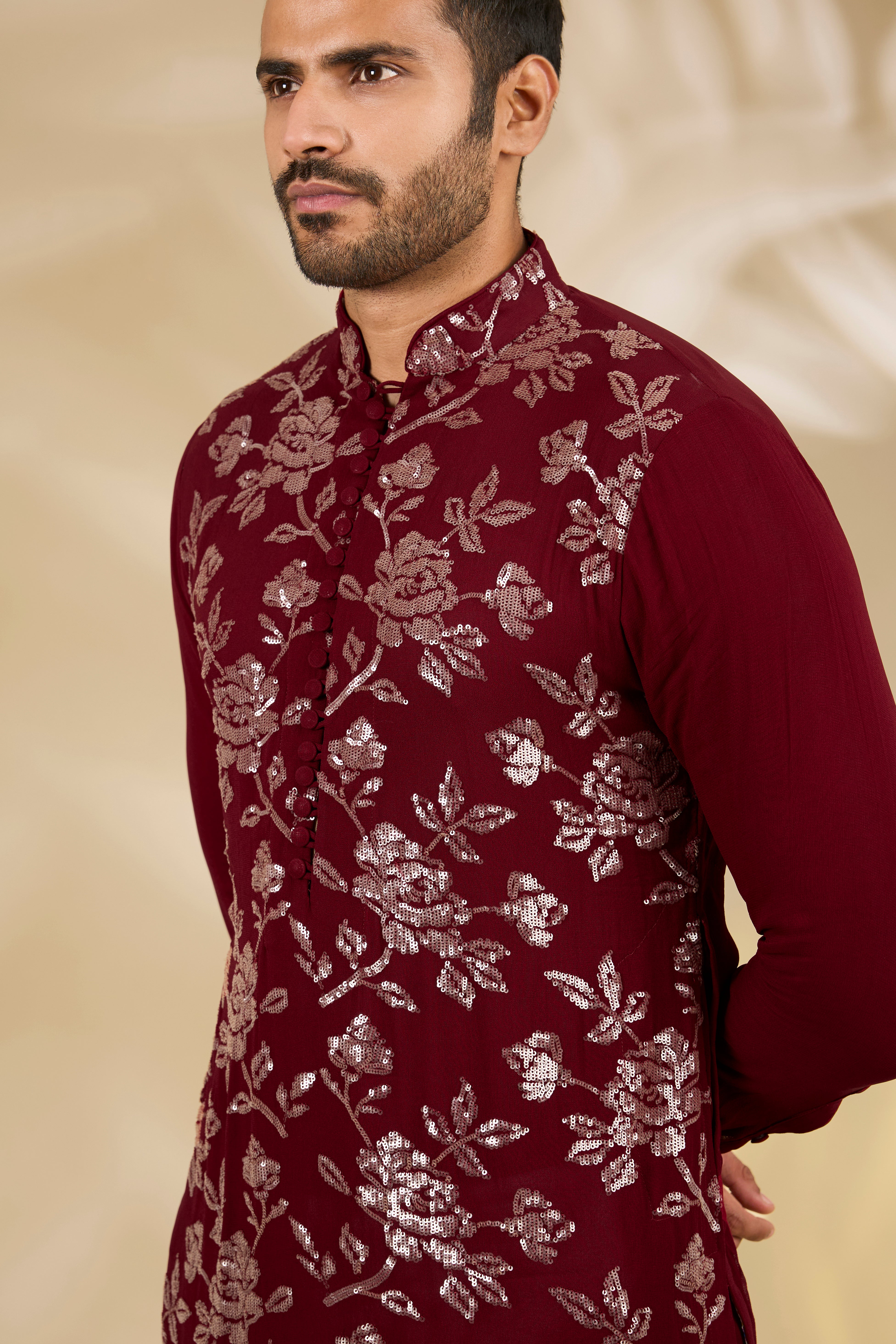 Maroon Sequin Flower Kurta Set