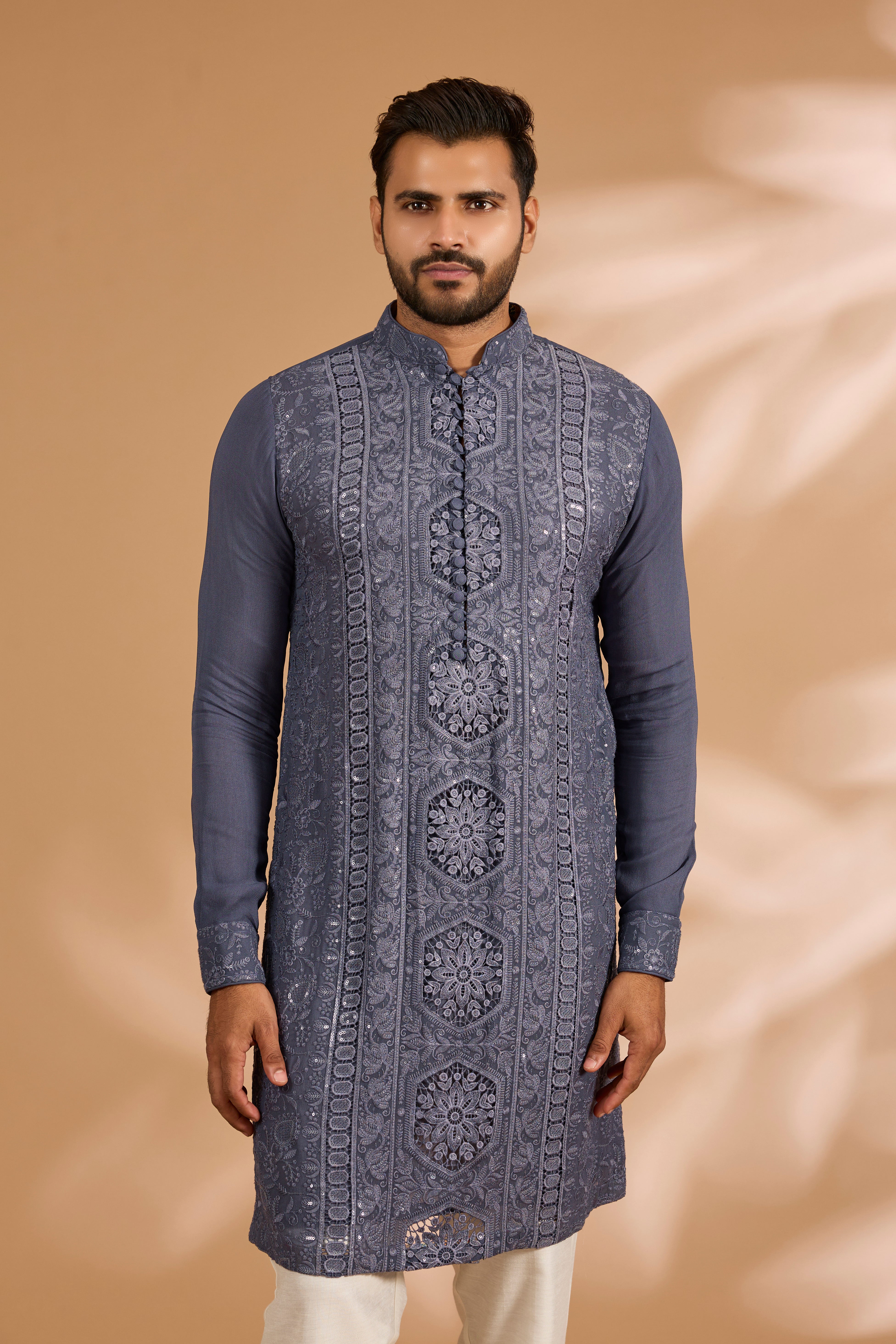 Black Georgette Sequin Zig-Zag Kurta Set