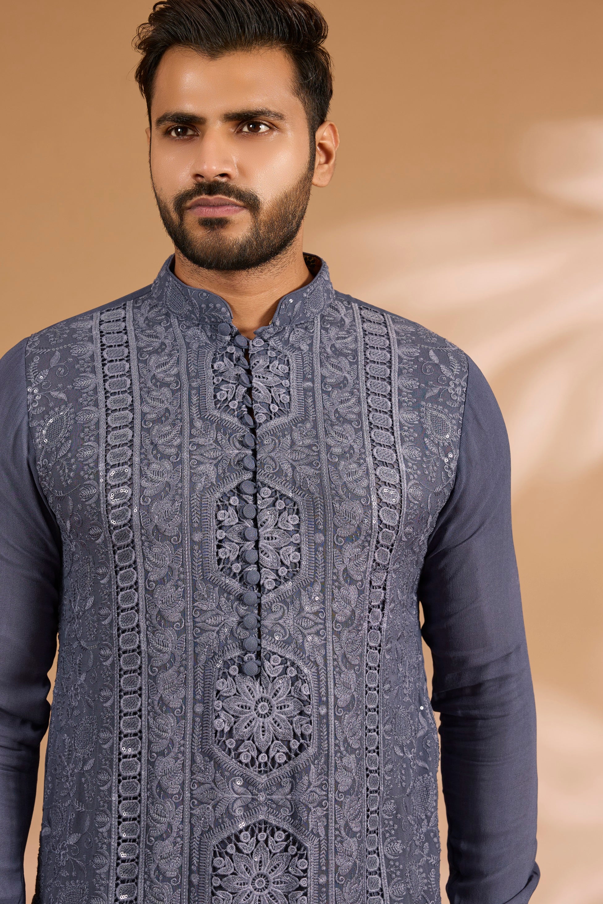 Black Georgette Sequin Zig-Zag Kurta Set