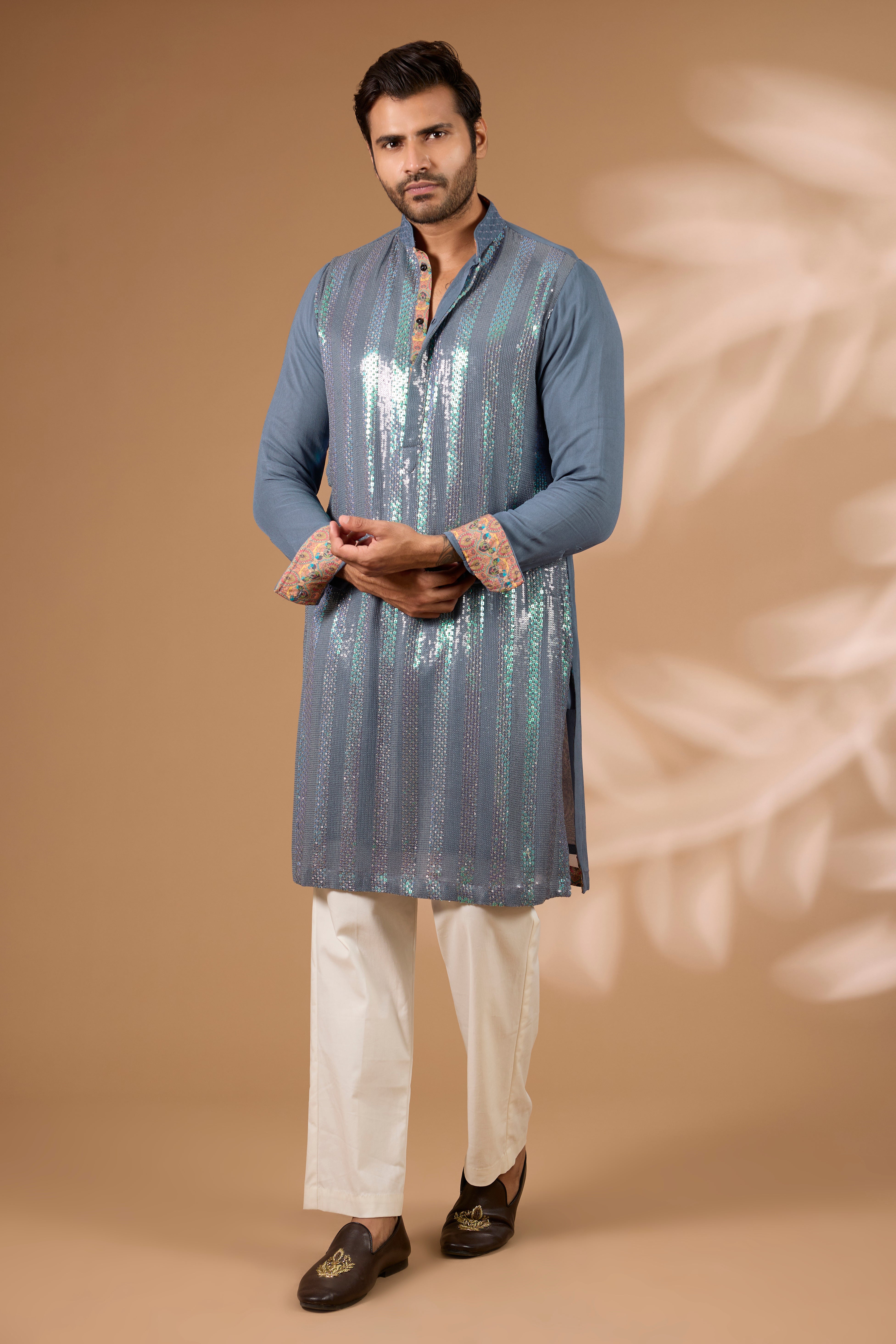 Teal Georgette Kurta – Sequin, Off-White Pant