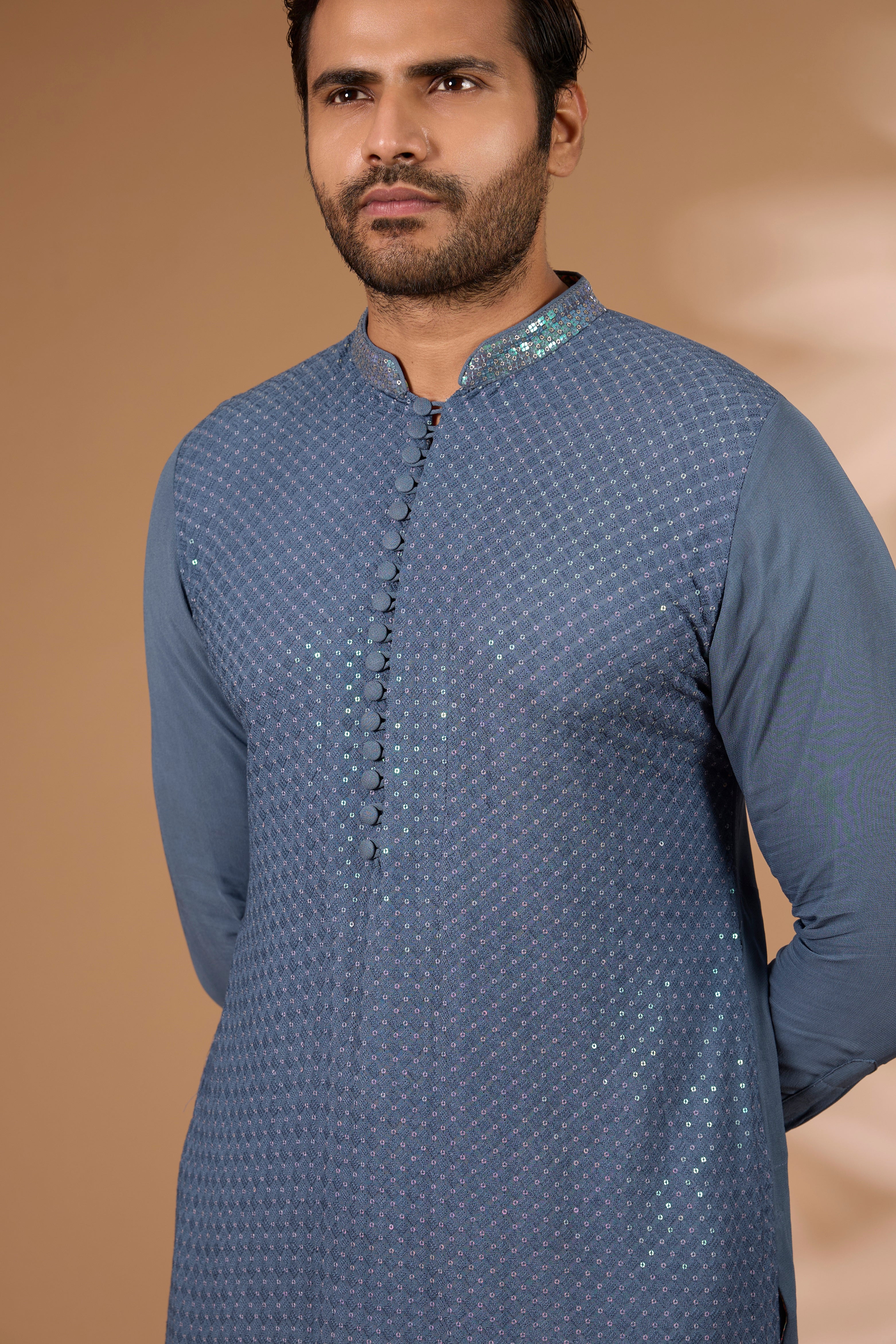 Teal Georgette Kurta – Sequin & Thread, Off-White Pant