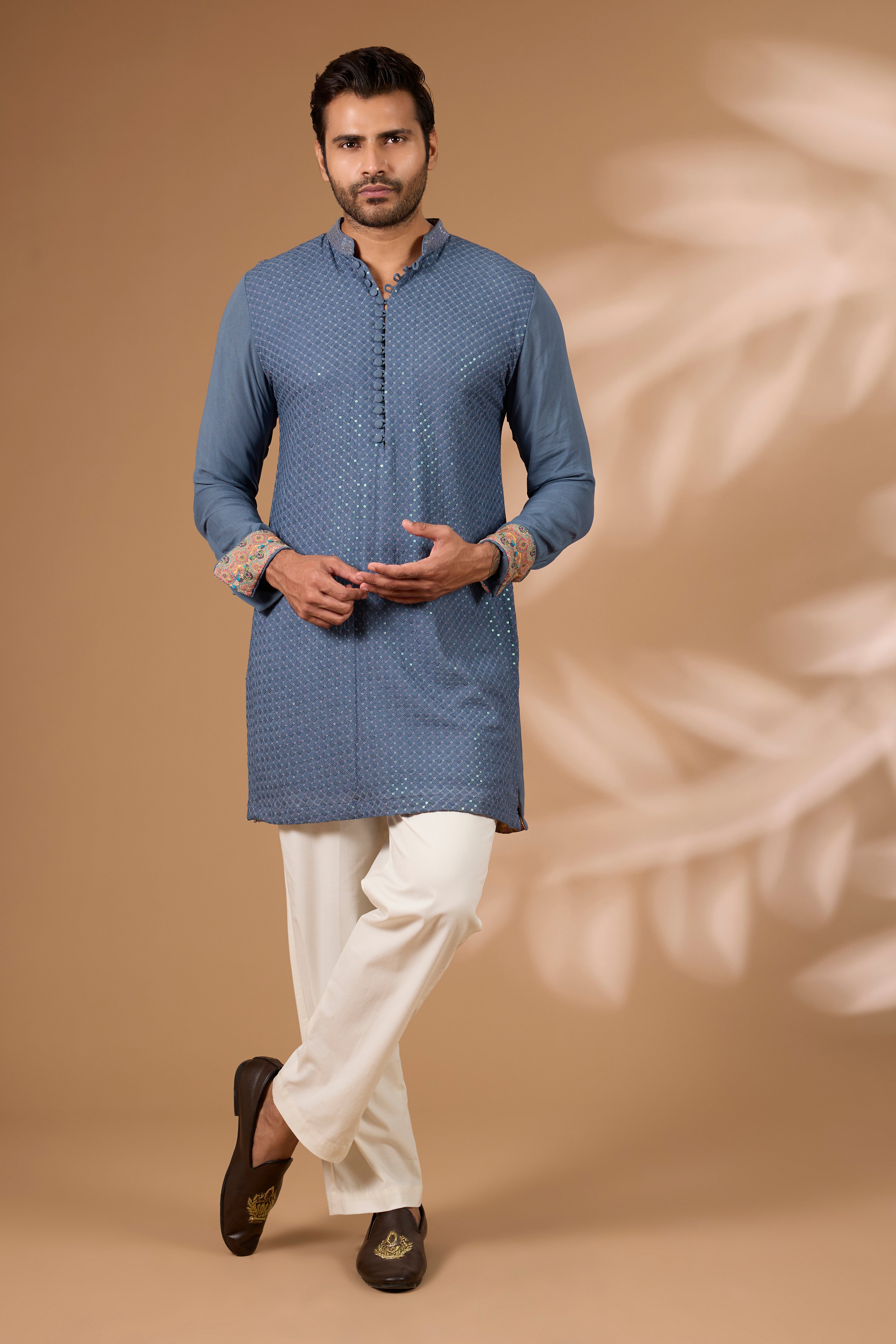 Teal Georgette Kurta – Sequin & Thread, Off-White Pant