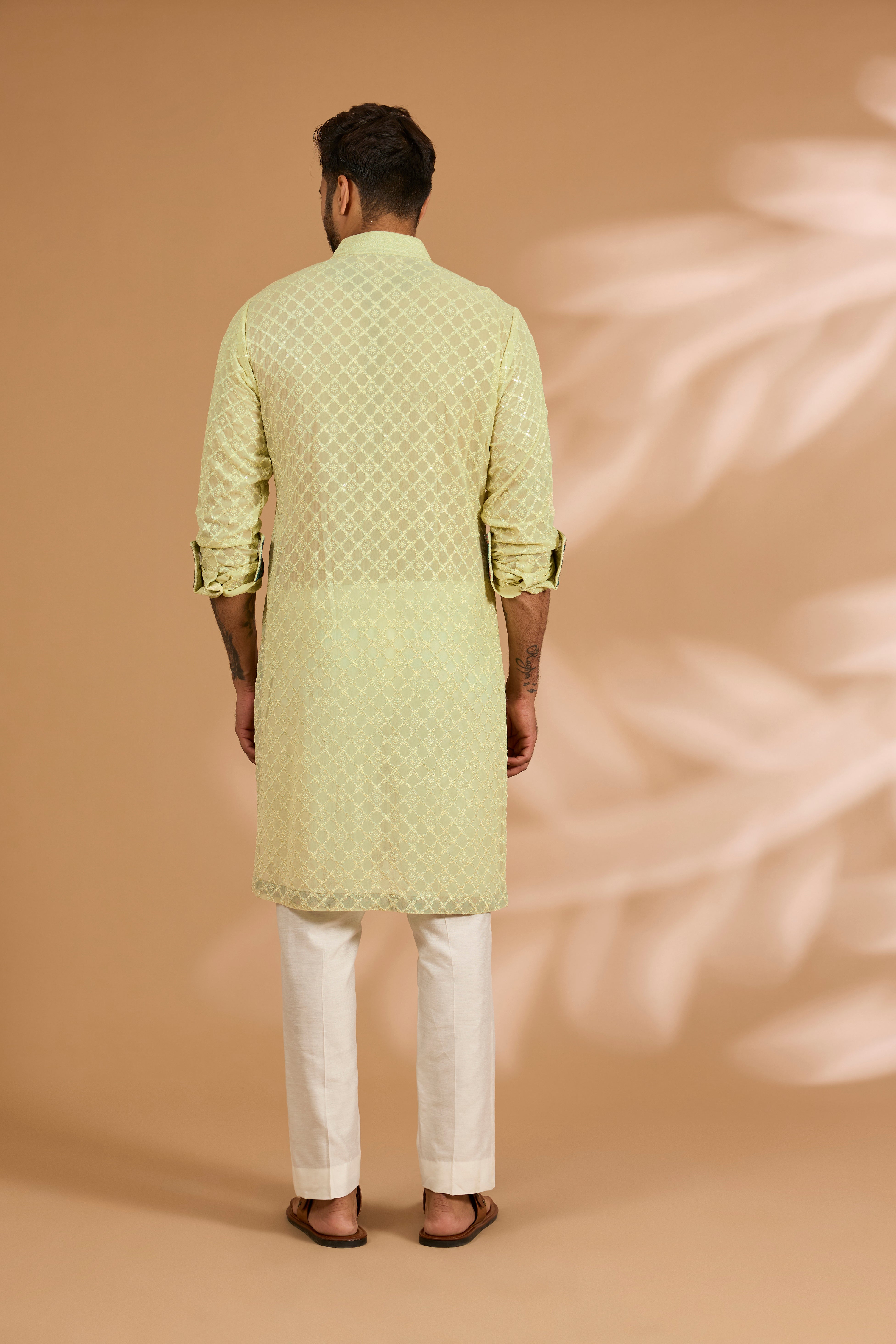 Lime Green Front Open Georgette Sequin Jaal Kurta Set