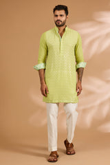 Lime Green Georgette Sequin & Thread Embroidered Kurta Set