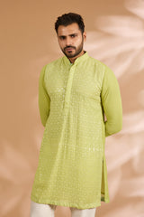 Lime Green Georgette Sequin & Thread Embroidered Kurta Set