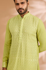 Lime Green Georgette Sequin & Thread Embroidered Kurta Set