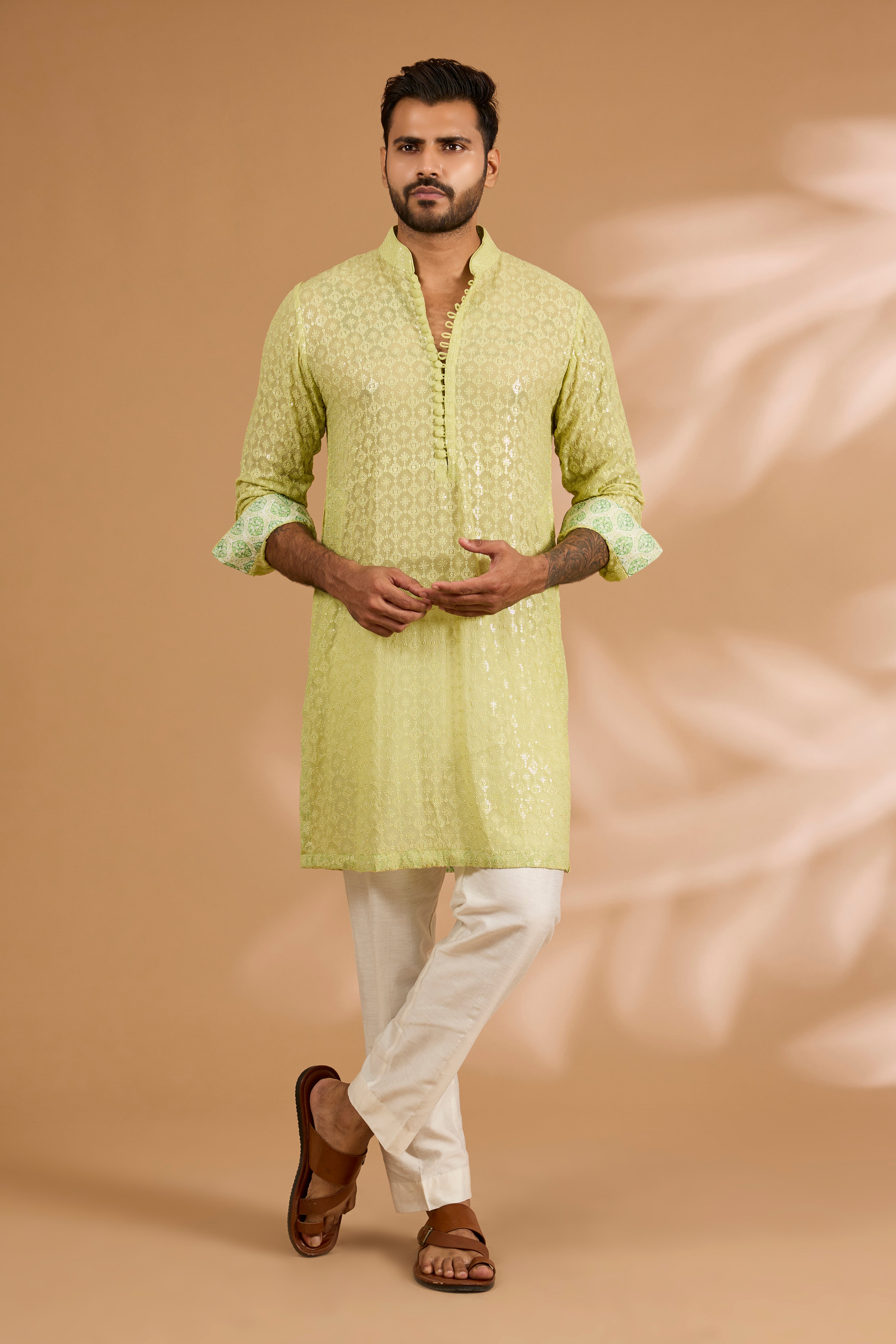 Lime Green Georgette Sequin & Thread Jaal Kurta Set