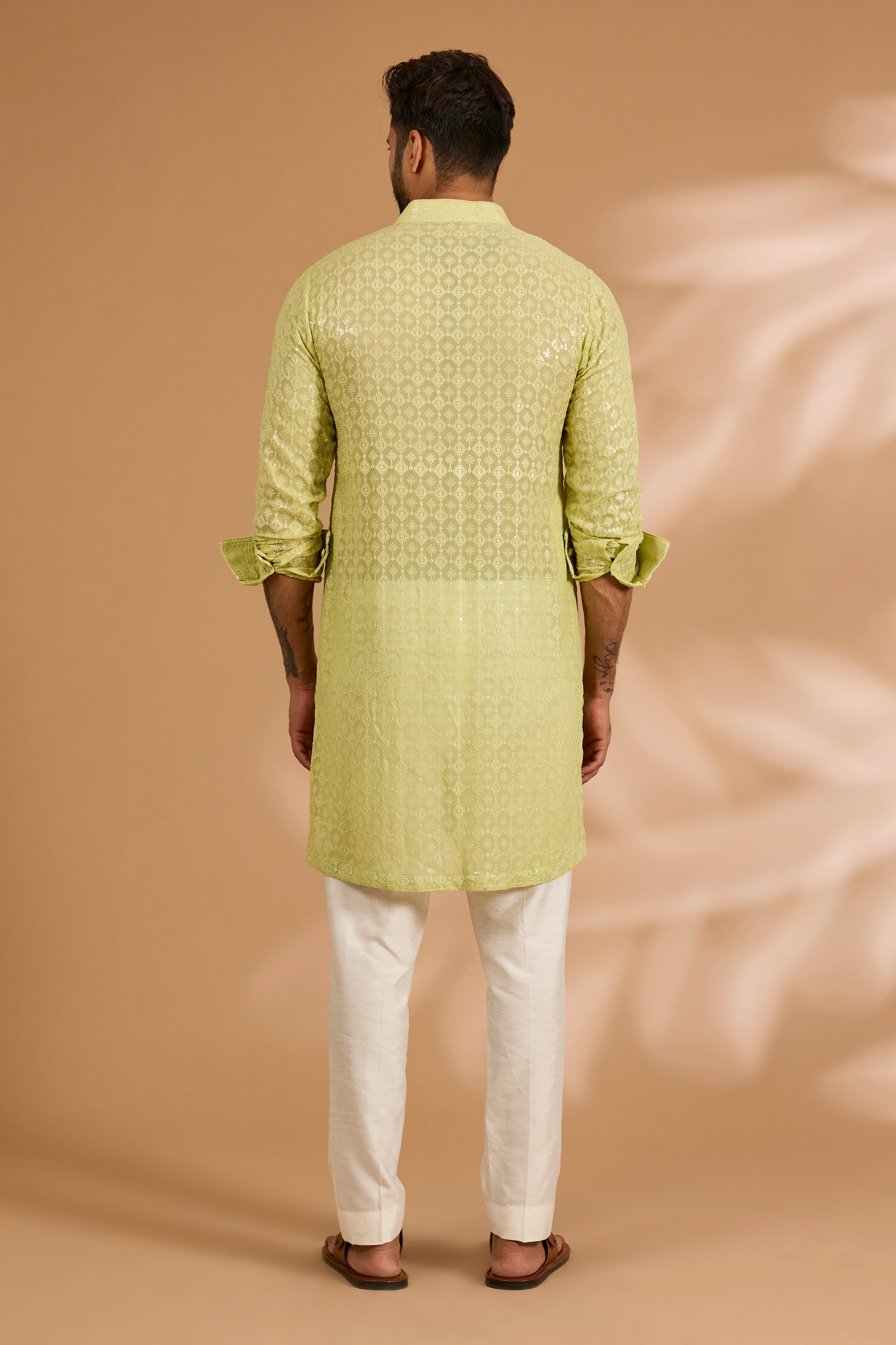 Lime Green Georgette Sequin & Thread Jaal Kurta Set