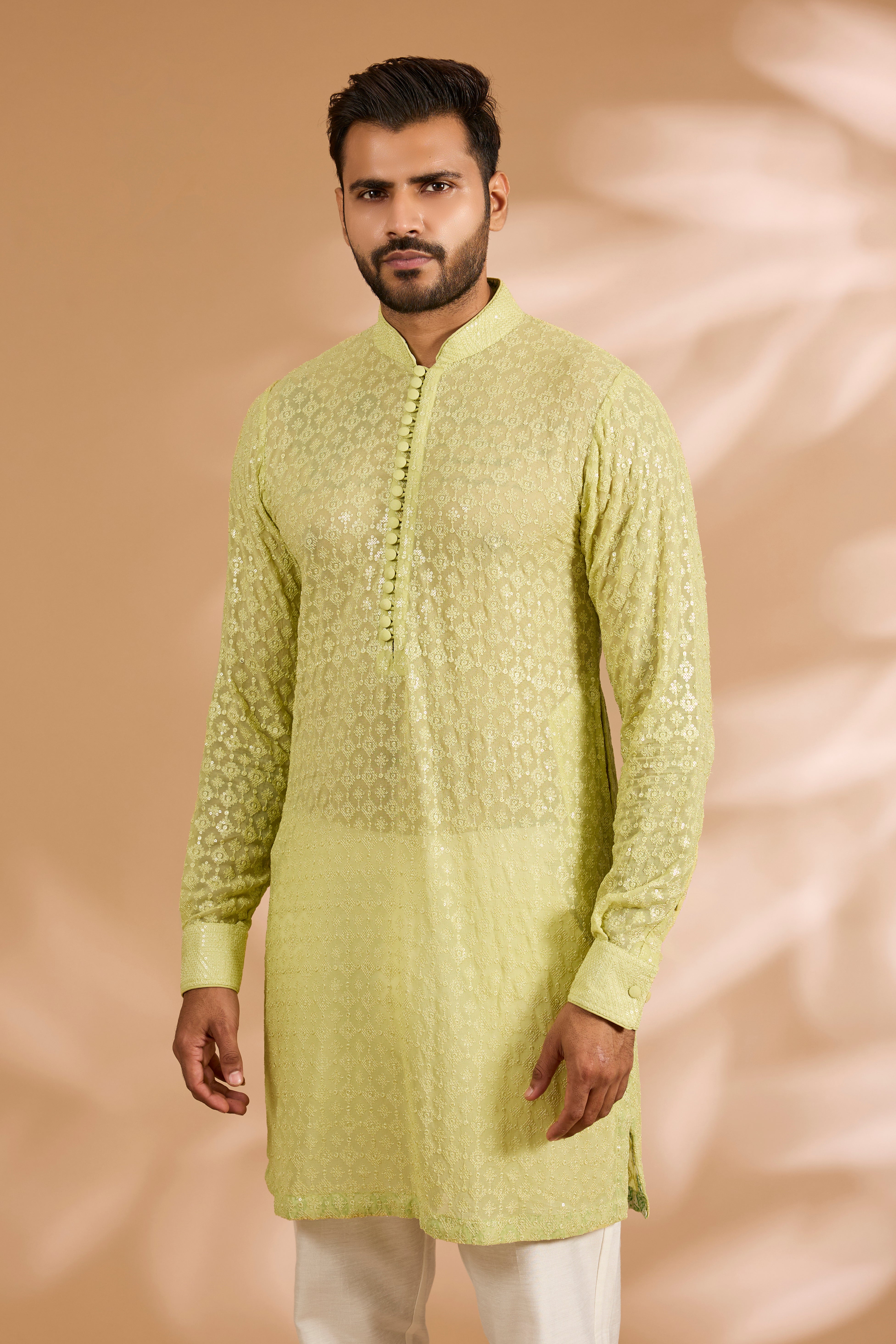 Lime Green Georgette Sequin & Thread Jaal Kurta Set