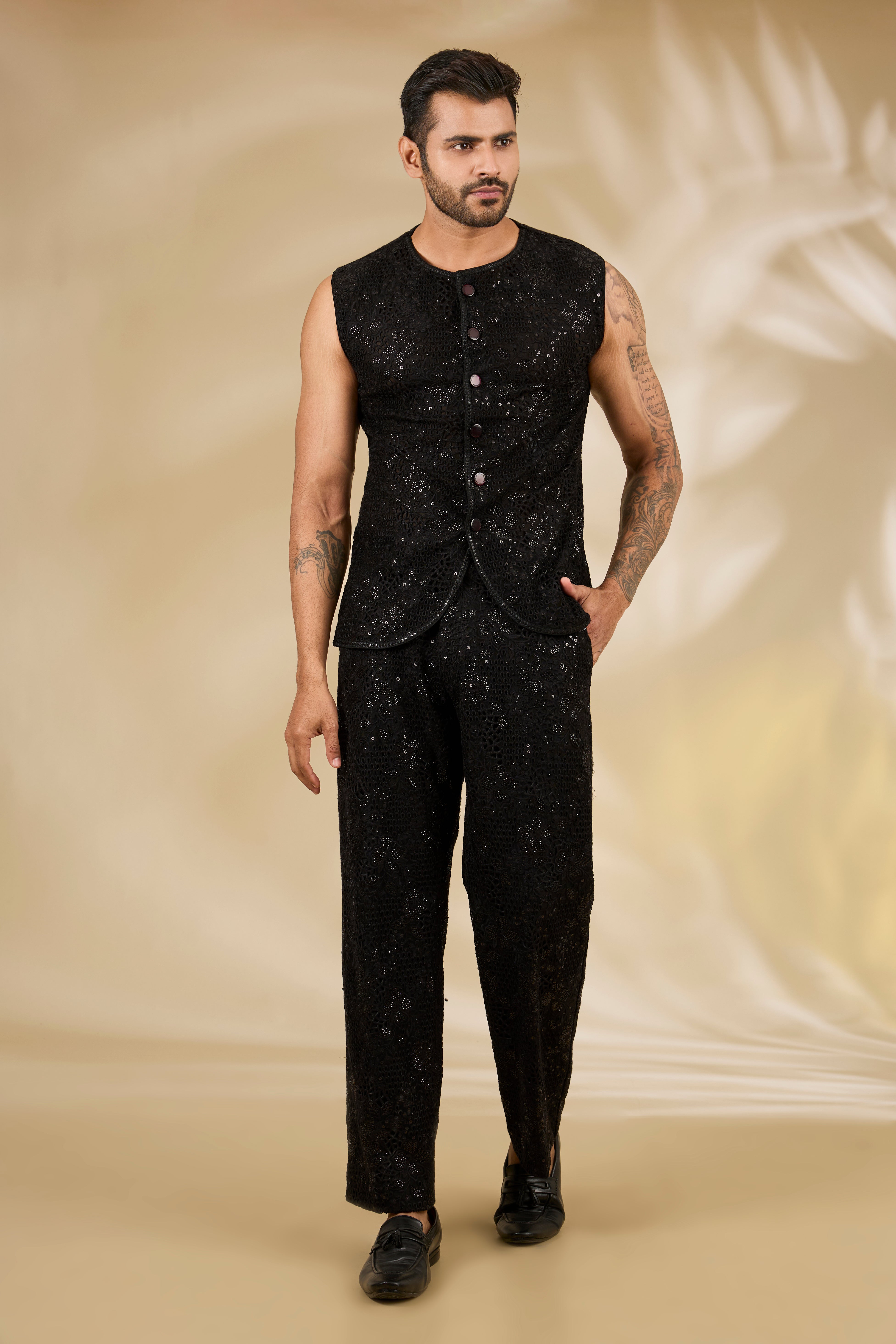 Black Net Cutwork Sleeveless Jacket Set