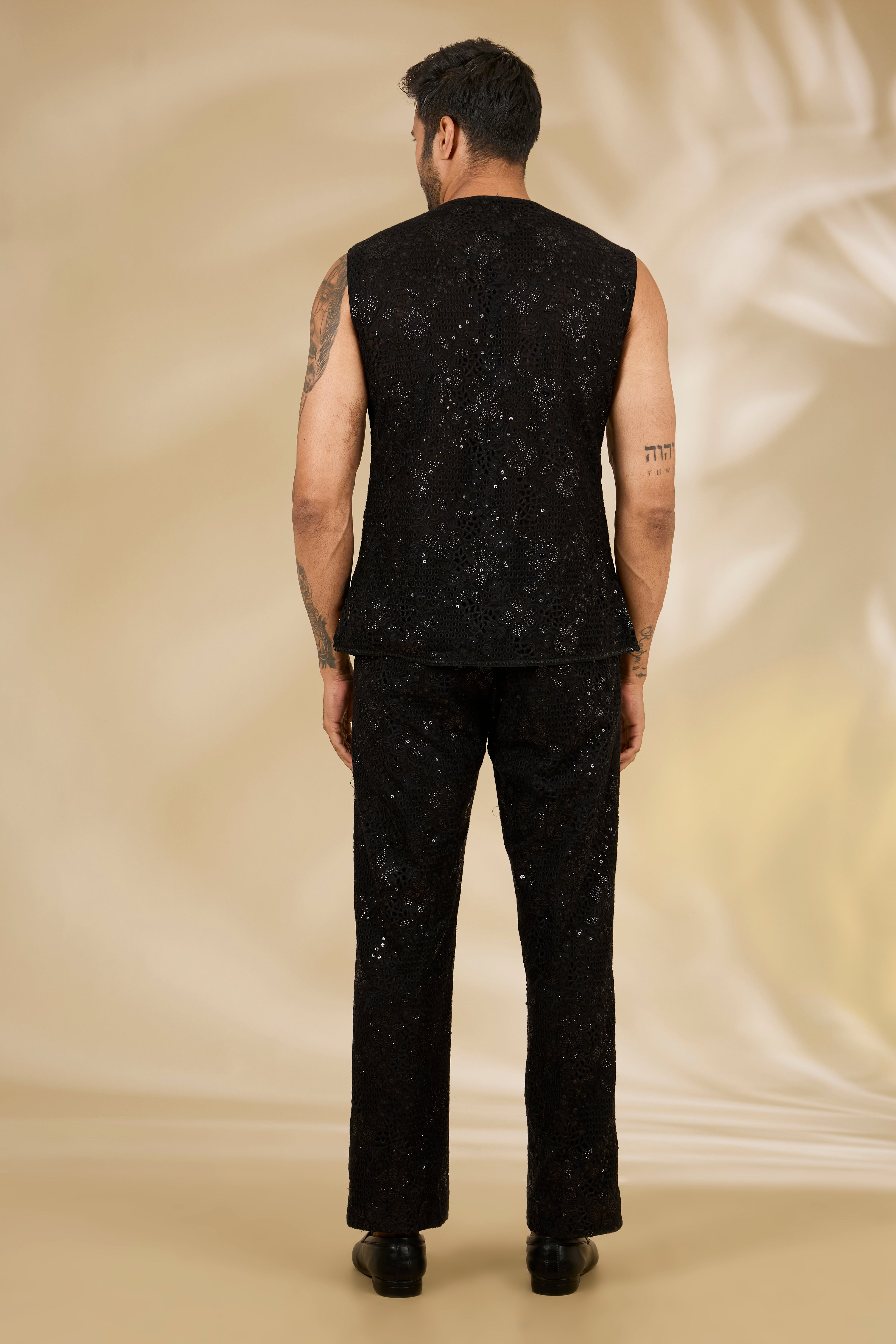 Black Net Cutwork Sleeveless Jacket Set