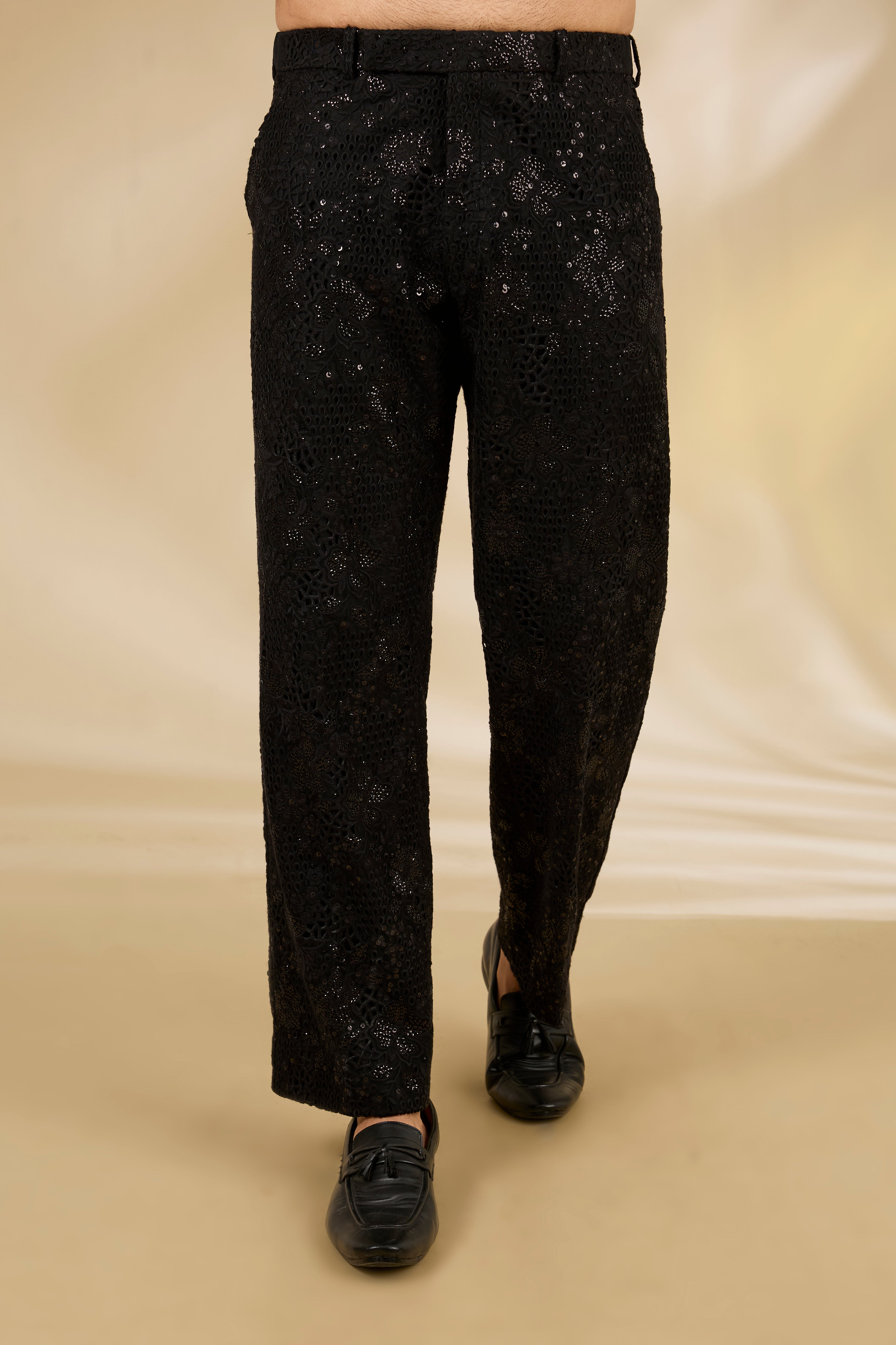 Black Net Cutwork Sleeveless Jacket Set