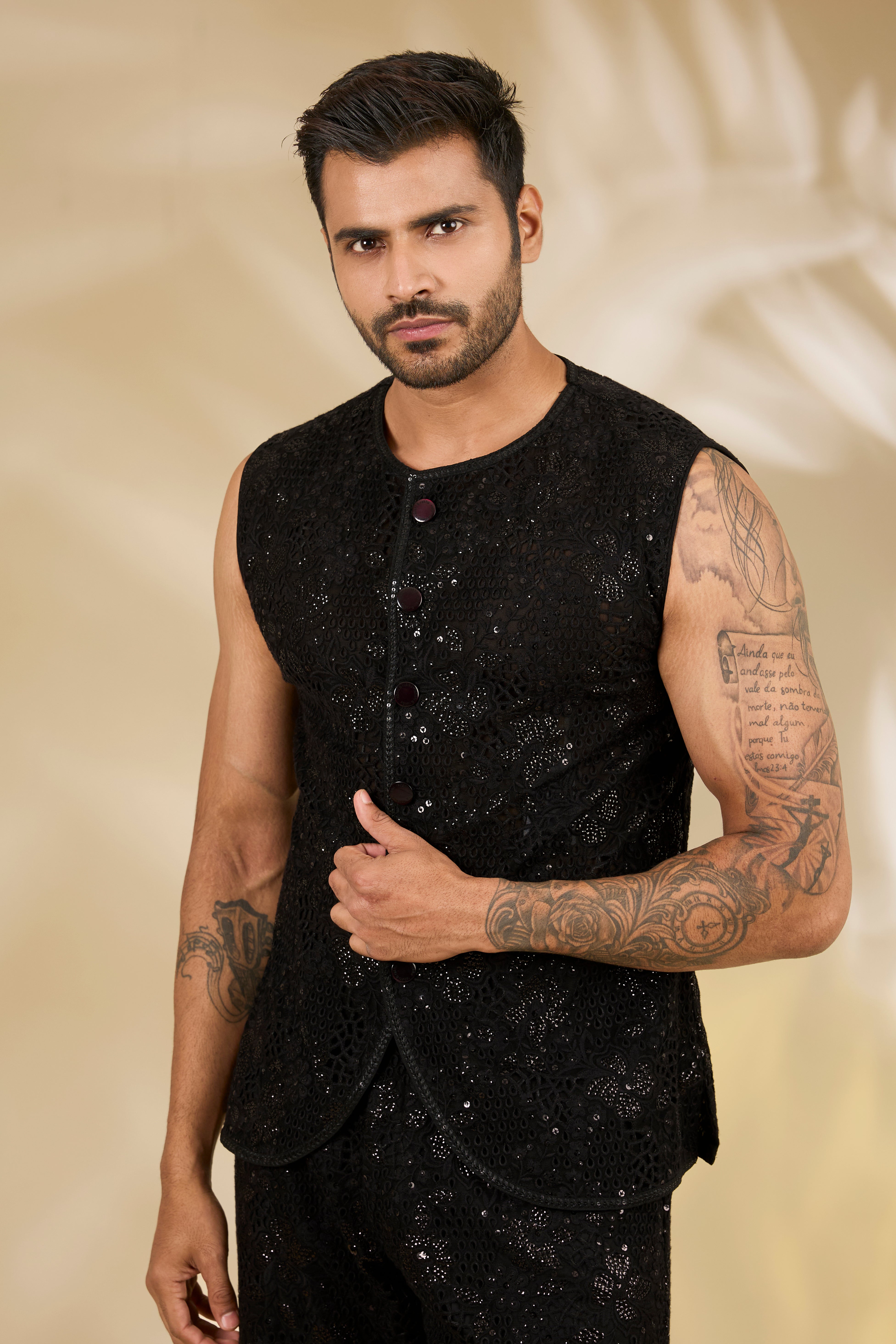 Black Net Cutwork Sleeveless Jacket Set