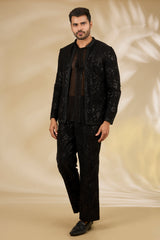 Black Net Cutwork Indo Jacket & Sheer Shirt Set