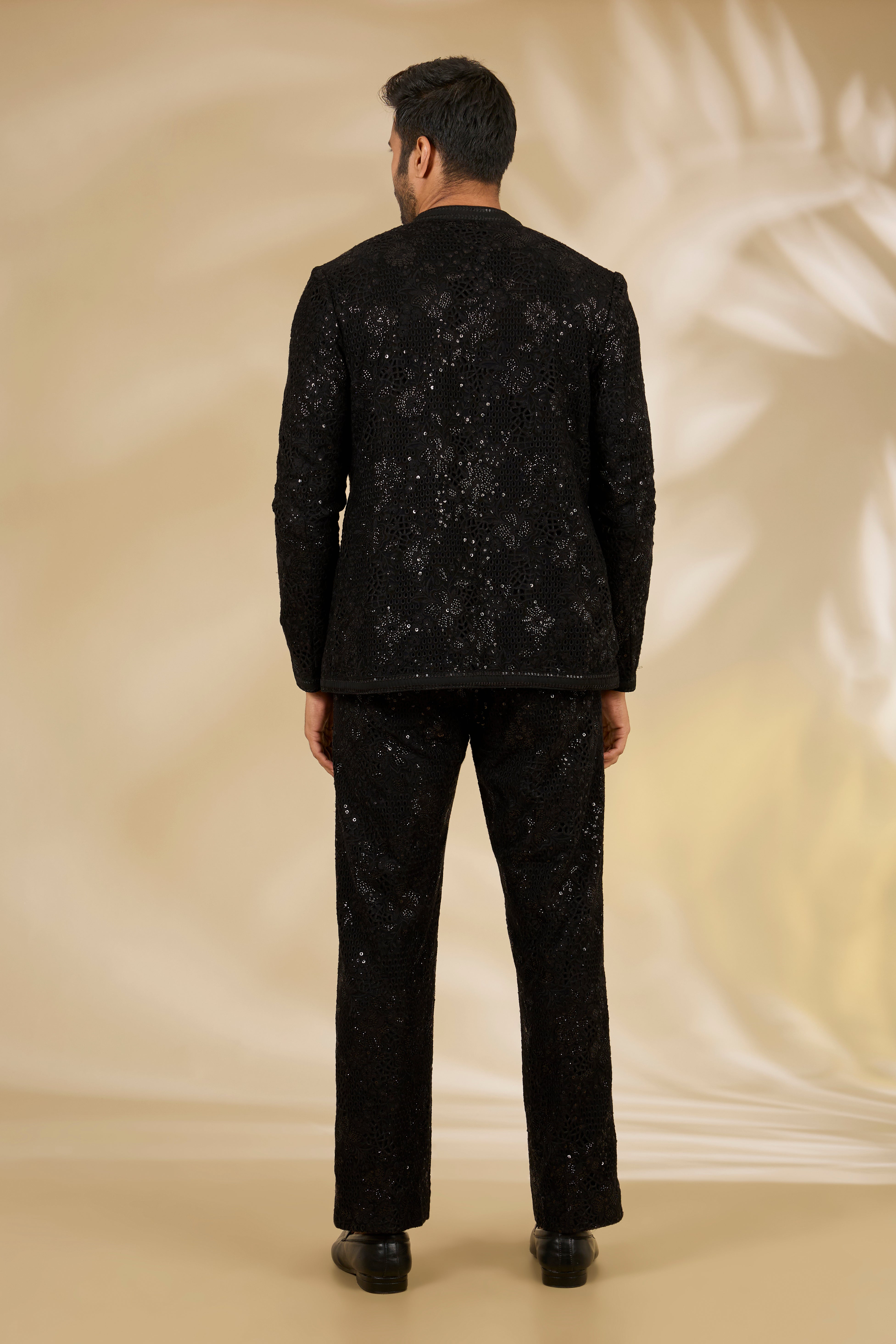 Black Net Cutwork Indo Jacket & Sheer Shirt Set