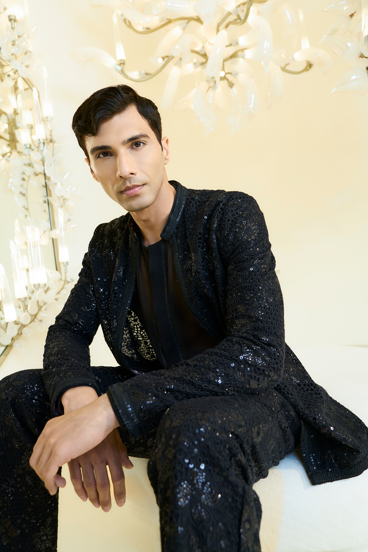 Black Cutwork Indo Jacket Set with Sheer Shirt