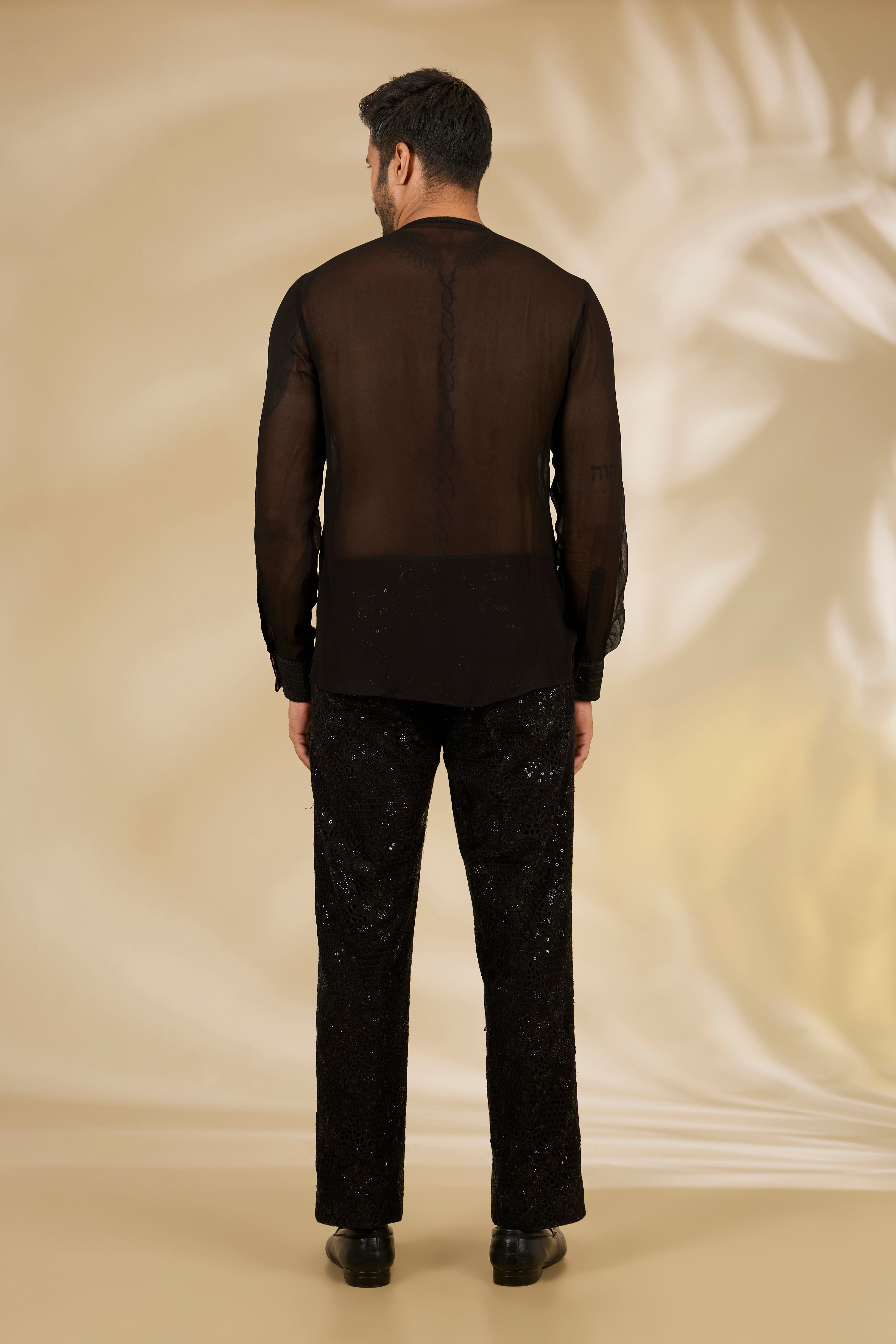 Black Net Cutwork Indo Jacket & Sheer Shirt Set