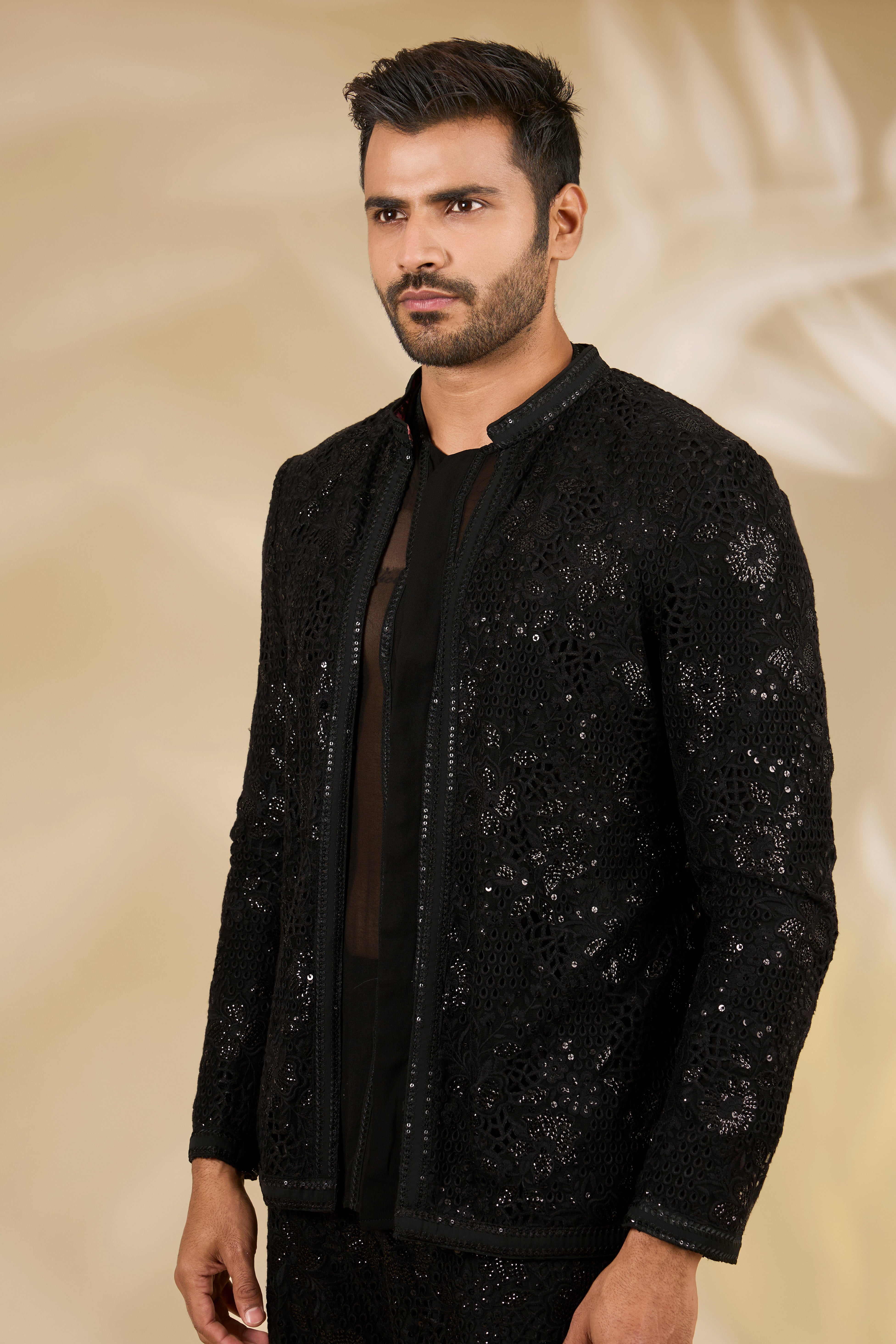 Black Net Cutwork Indo Jacket & Sheer Shirt Set