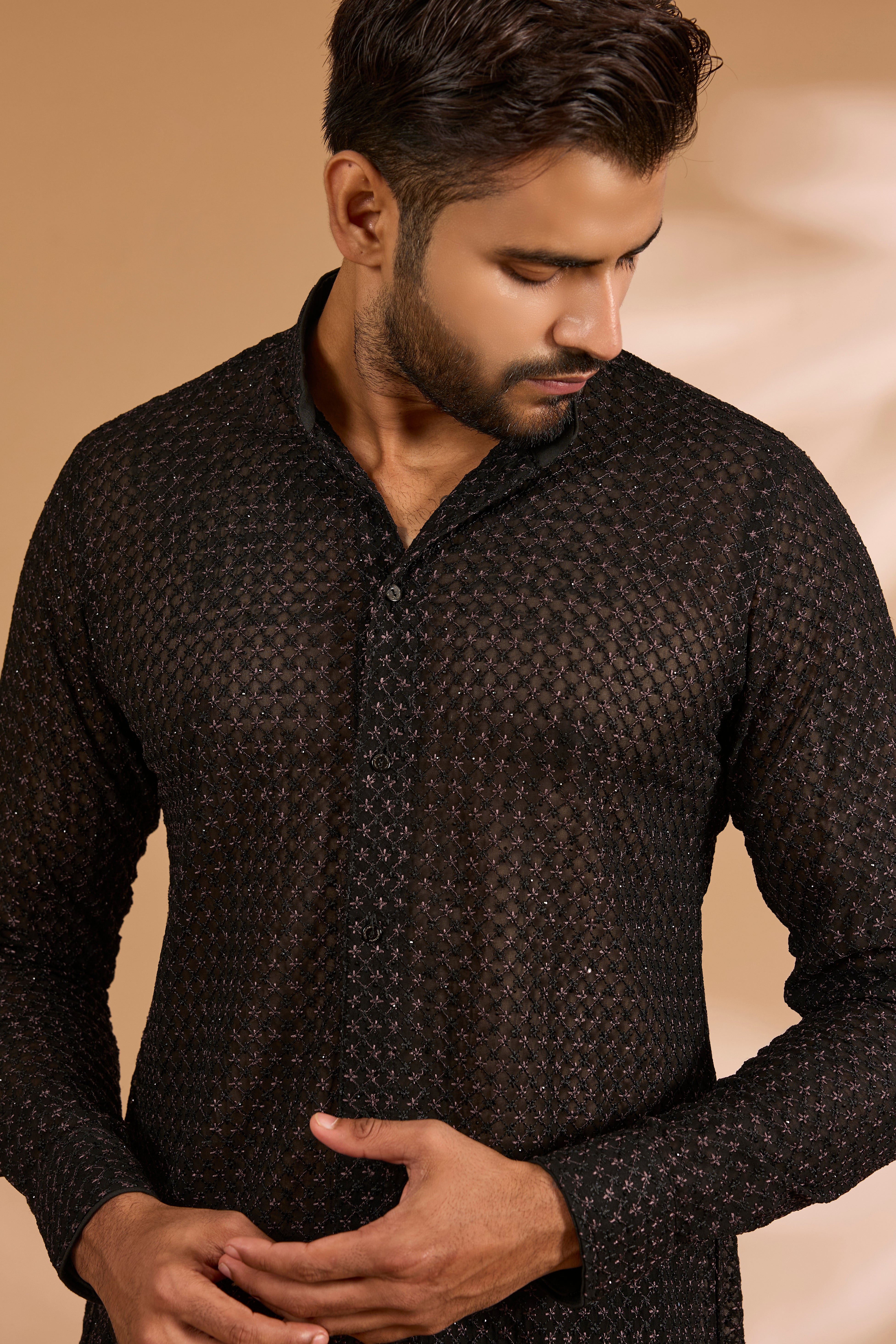 Black Georgette Thread & Sequin Jaal Shirt Set