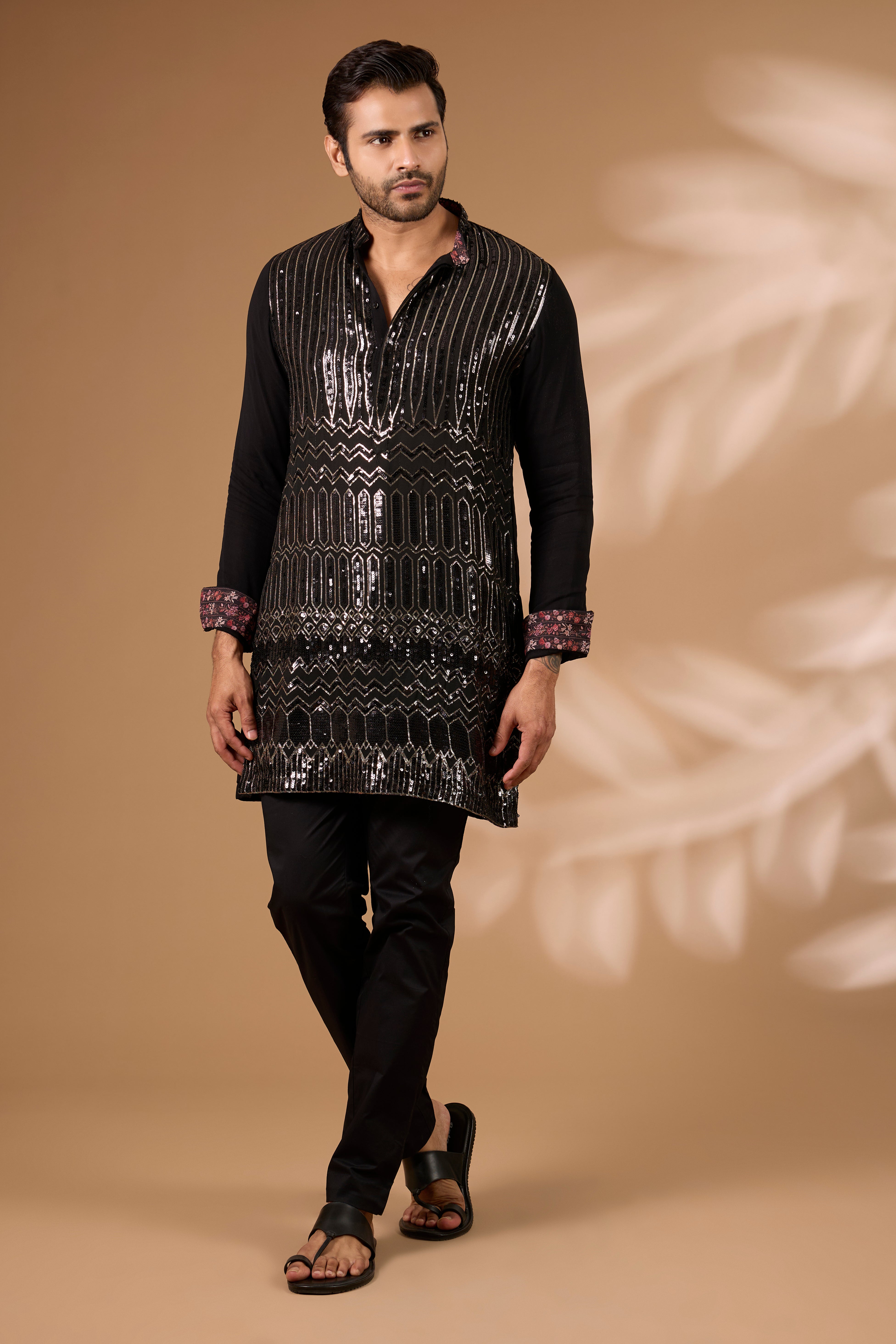 Black Georgette Kurta – Black & Gold Sequin, Cotton Silk Pant