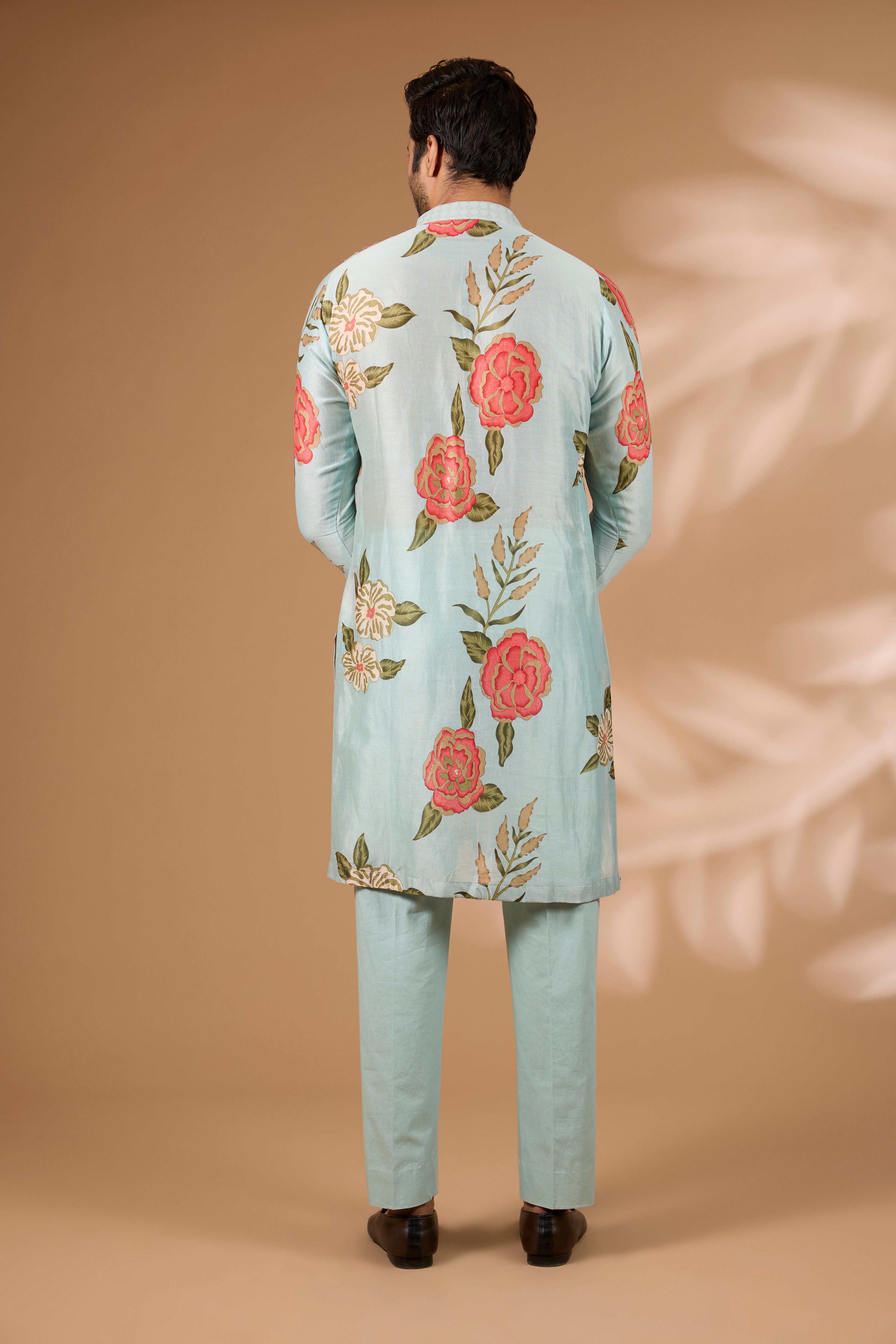 Aqua Silk Floral Kurta – Sequin Collar & Cuffs, Cotton Silk Pant