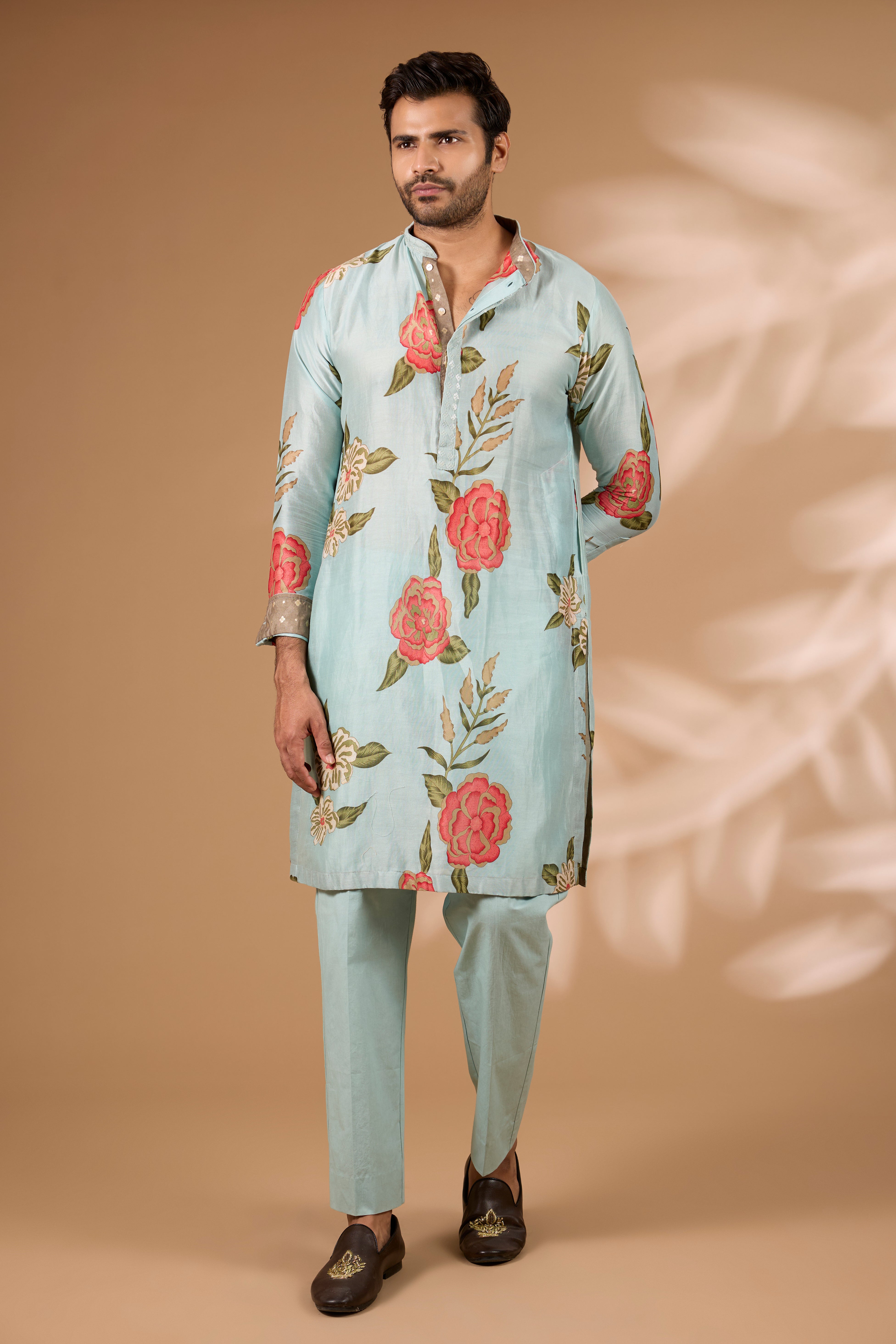 Aqua Silk Floral Kurta – Sequin Collar & Cuffs, Cotton Silk Pant