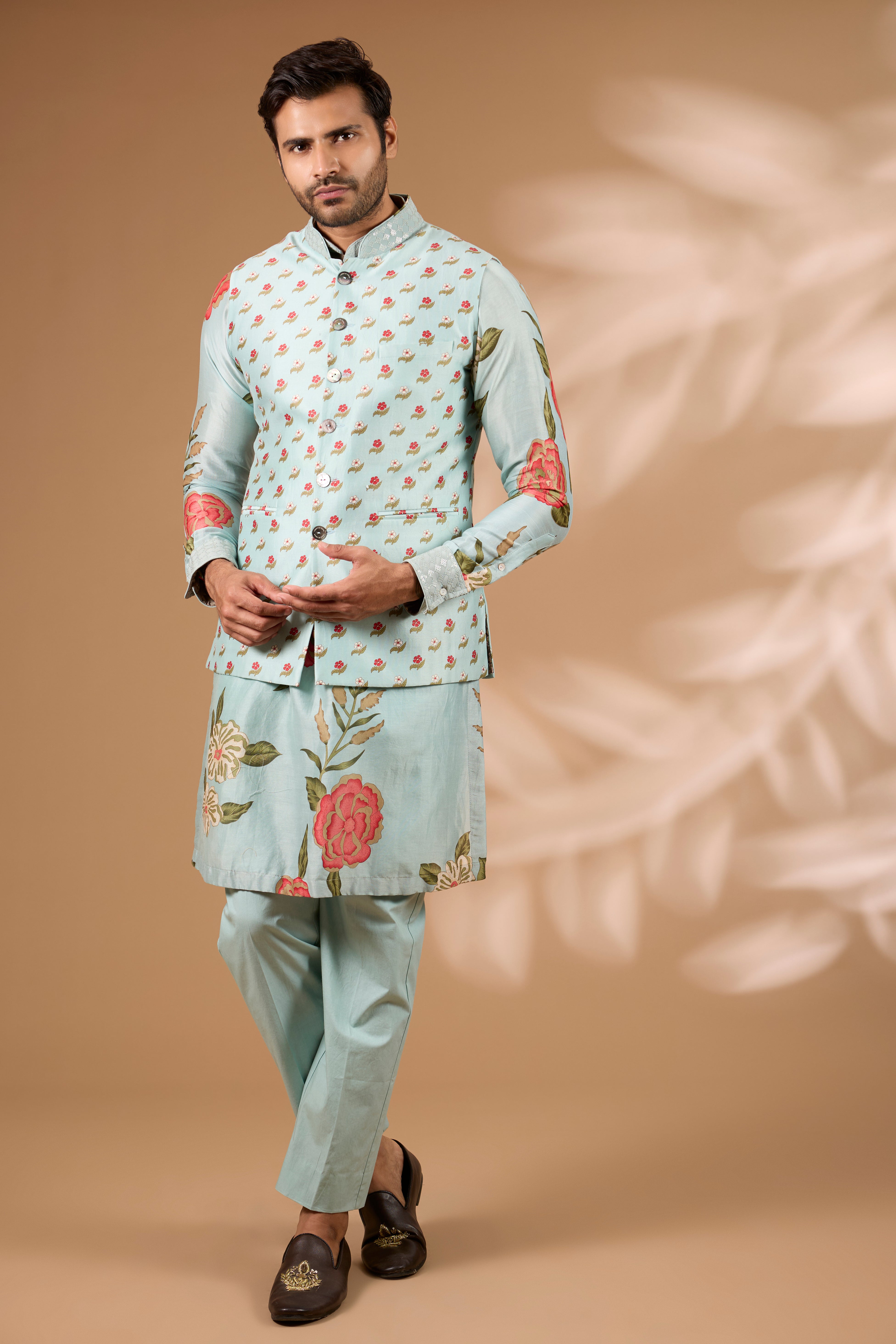 Aqua Silk Floral Bundi – Sequin Collar