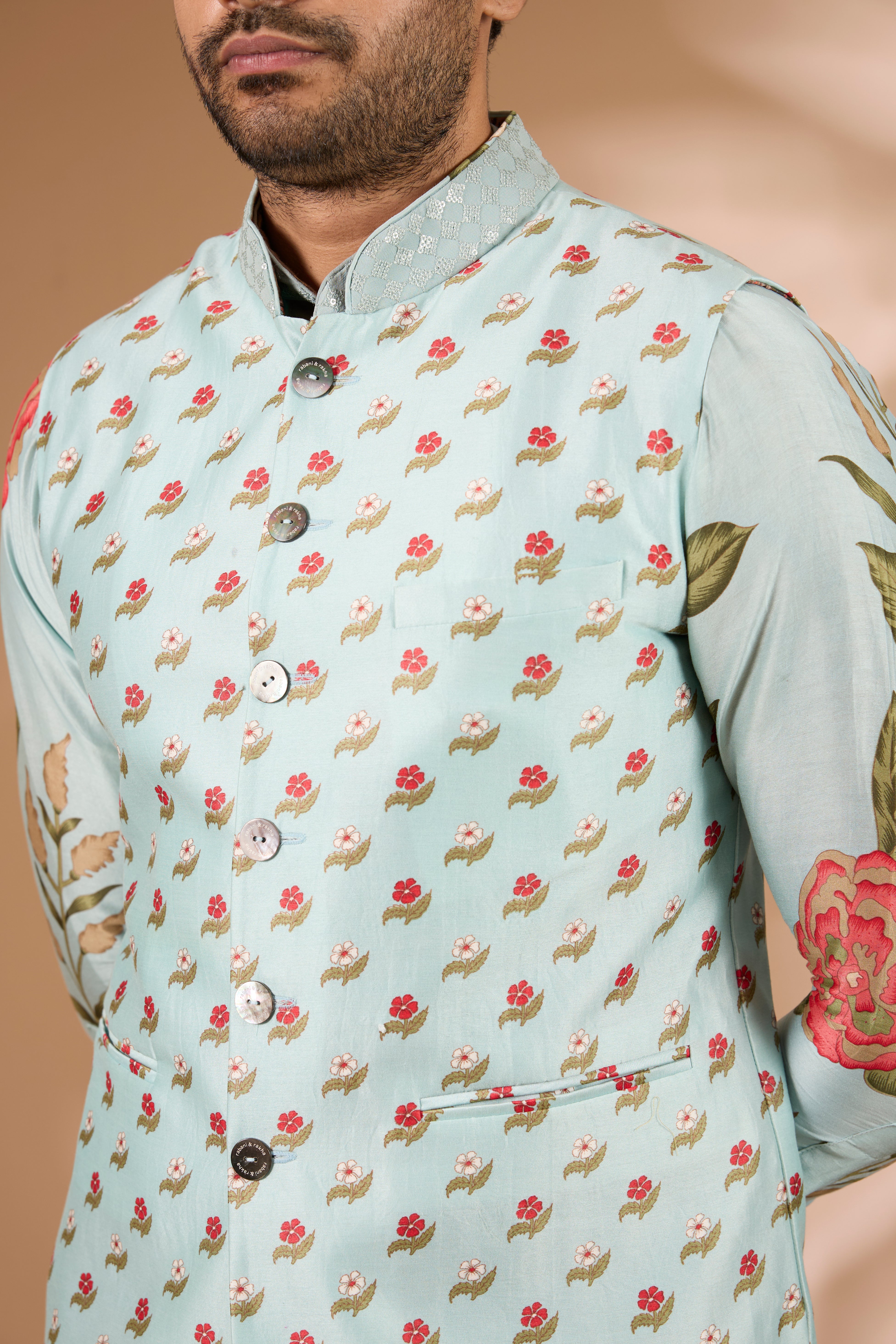 Aqua Silk Floral Bundi Set – Sequin Collar, Matching Kurta & Pant