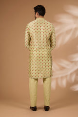 Olive Silk Floral Kurta – Sequin Collar & Cuffs, Cotton Silk Pant