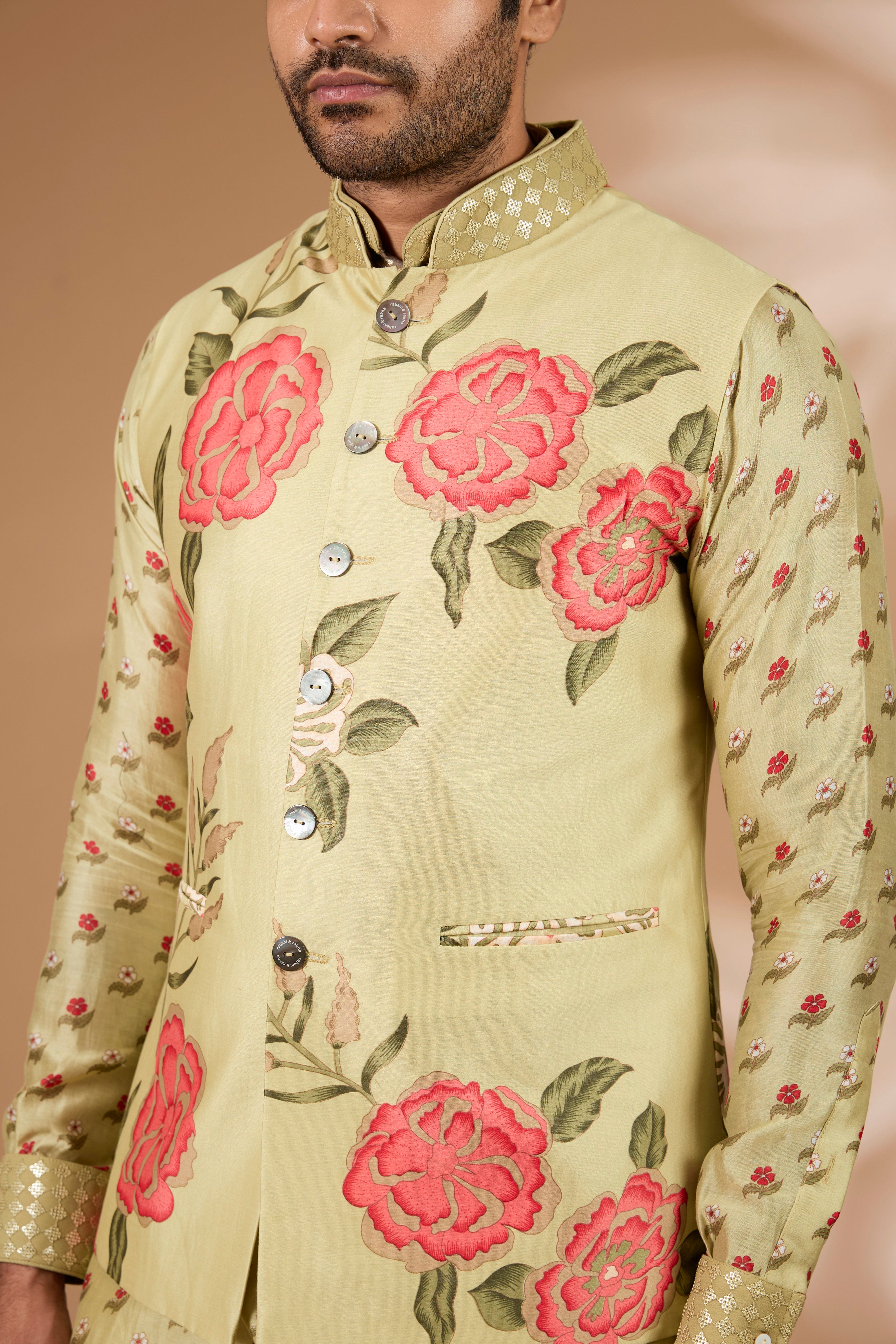 Olive Silk Floral Bundi – Sequin Collar