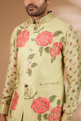 Olive Silk Floral Bundi Set – Sequin Collar, Matching Kurta & Pant